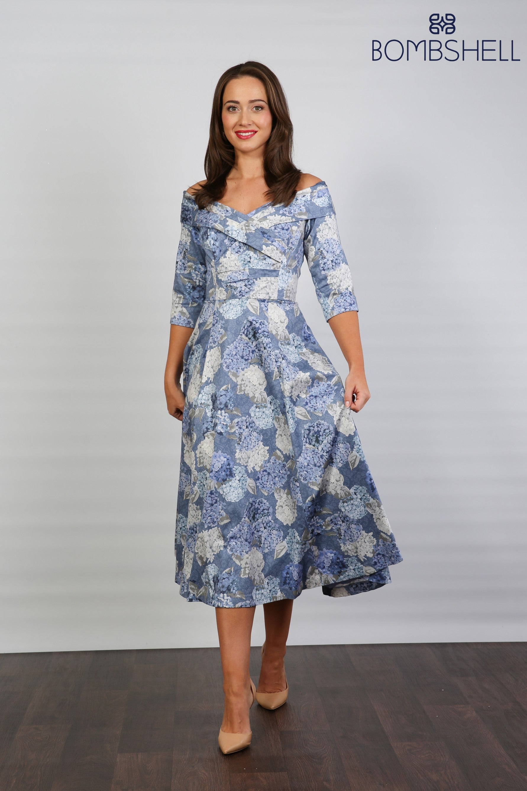 Bombshell Libby Bardot A-line Dress in Hydrangea