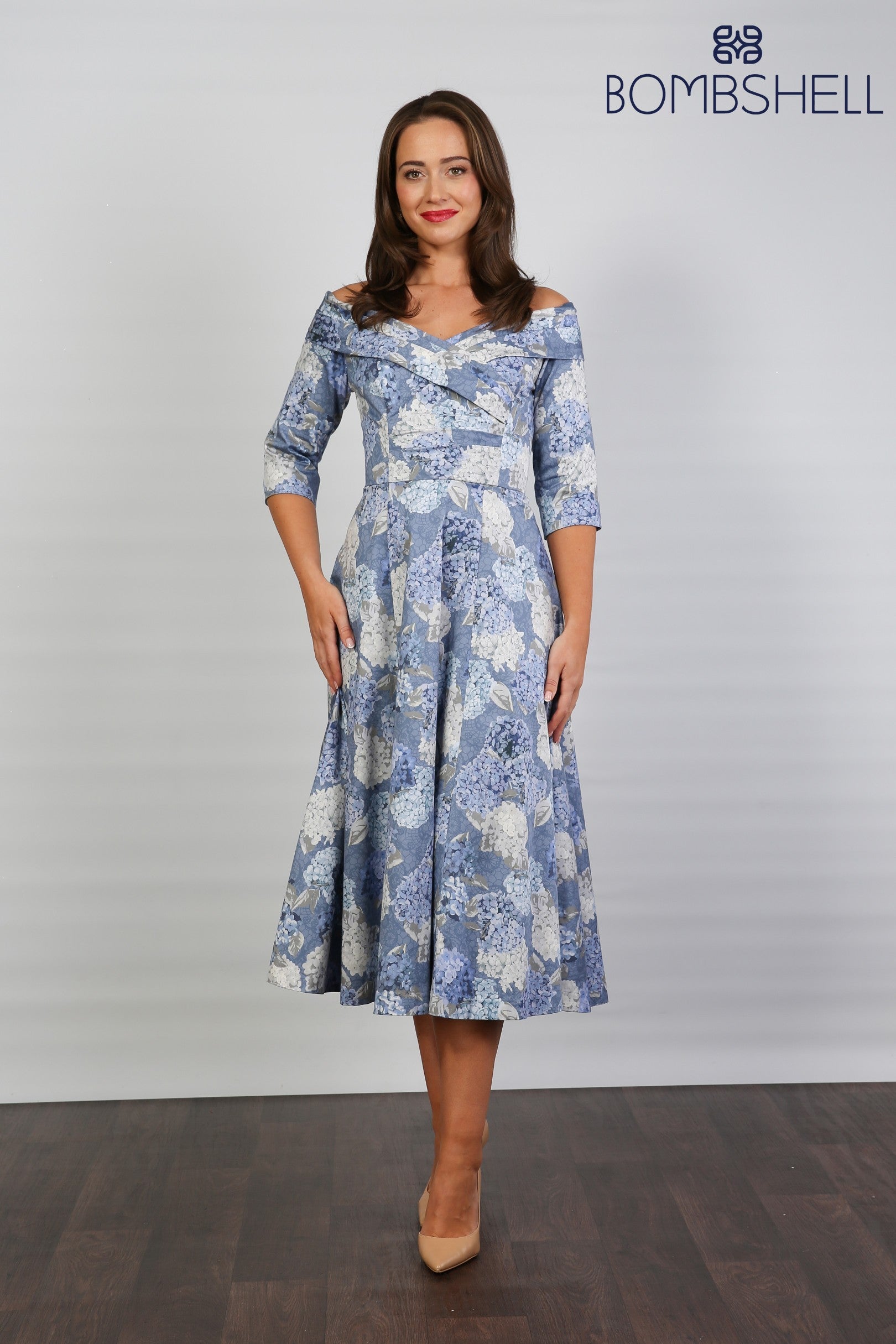 Bombshell Libby Bardot A-line Dress in Hydrangea