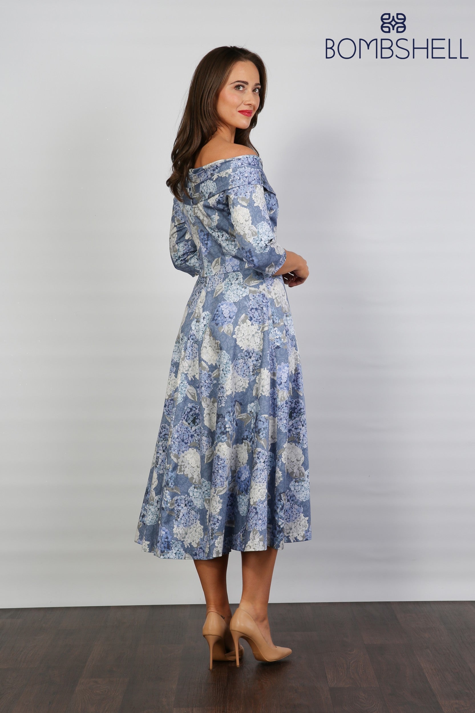 Bombshell Libby Bardot A-line Dress in Hydrangea