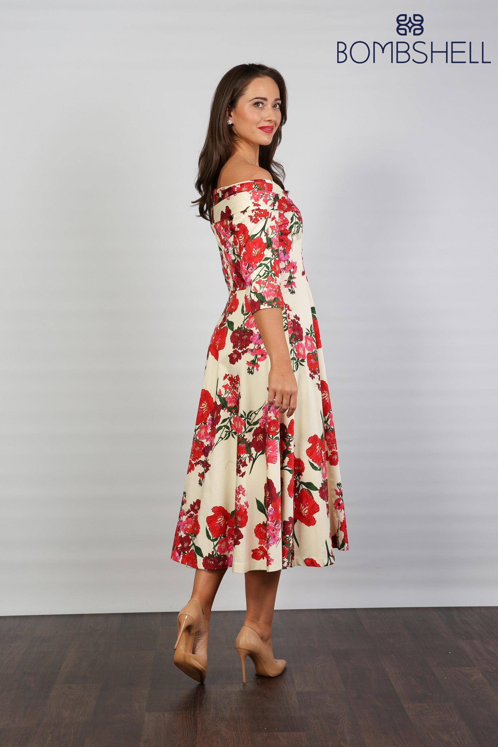 Bombshell Libby Bardot A-line Dress in Xanthe Magenta