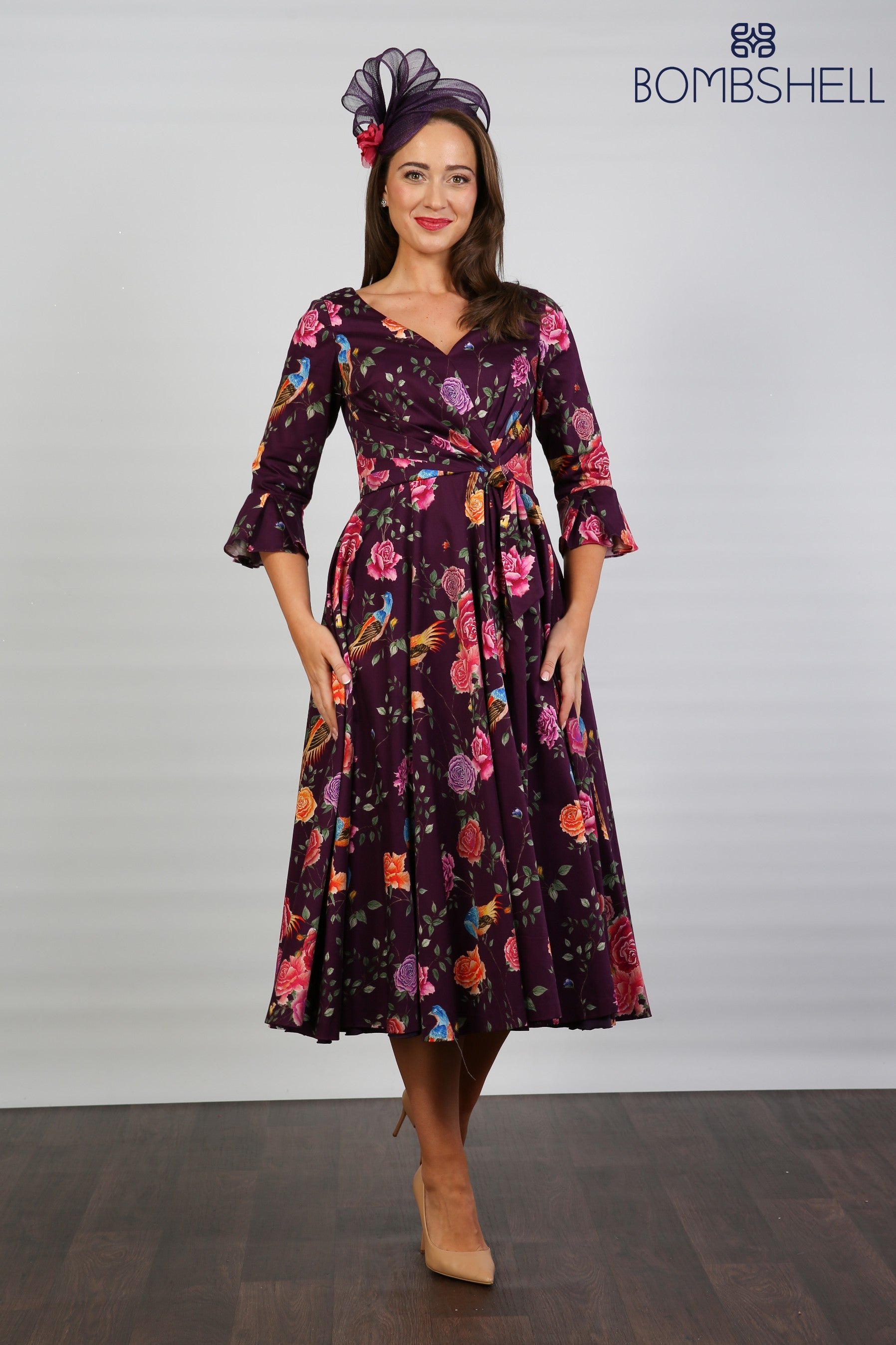 Bombshell Rosalind Confident Ruffle Cuff Dress in Imperial Phoenix