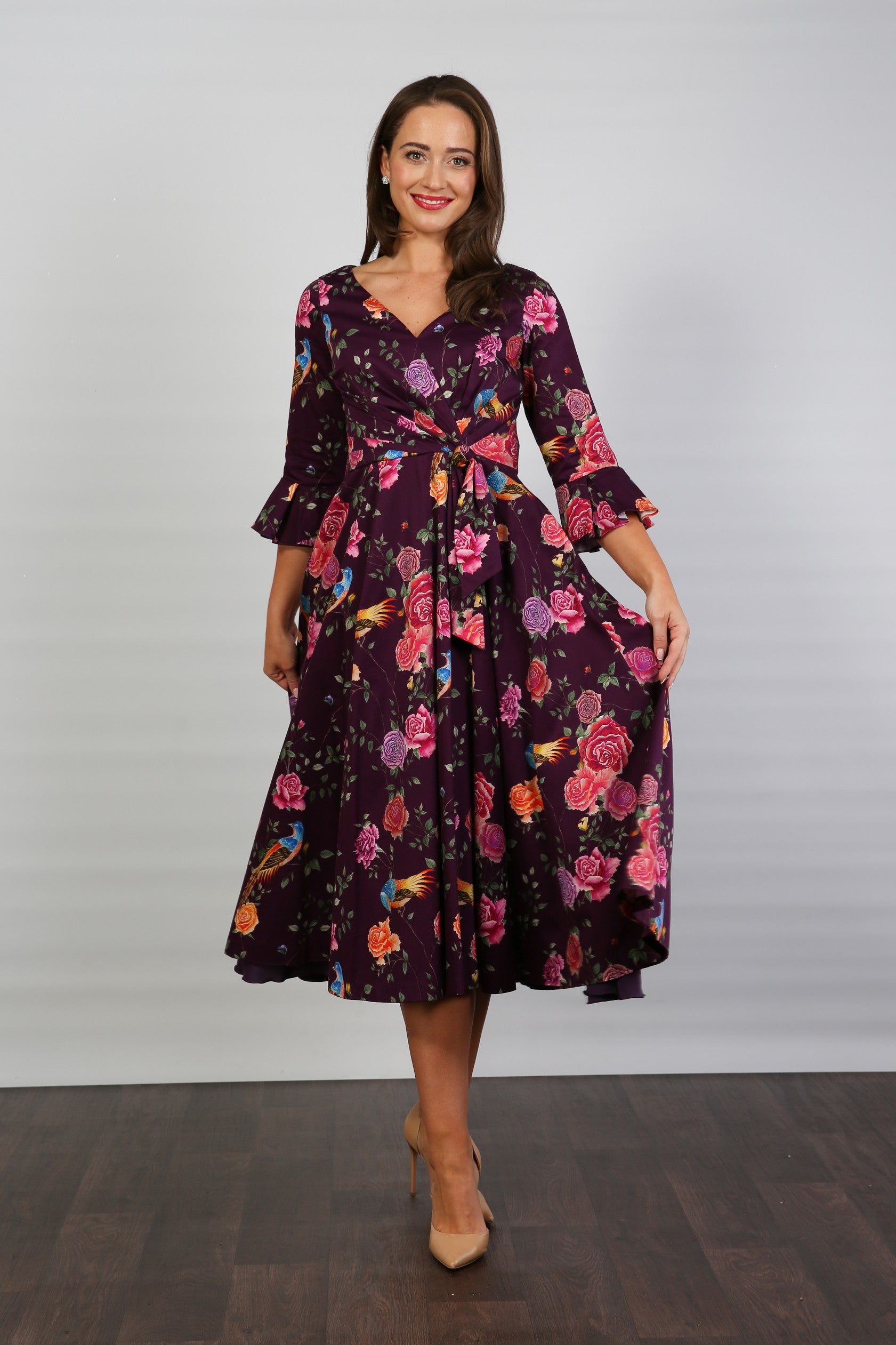 Bombshell Rosalind Confident Ruffle Cuff Dress in Imperial Phoenix