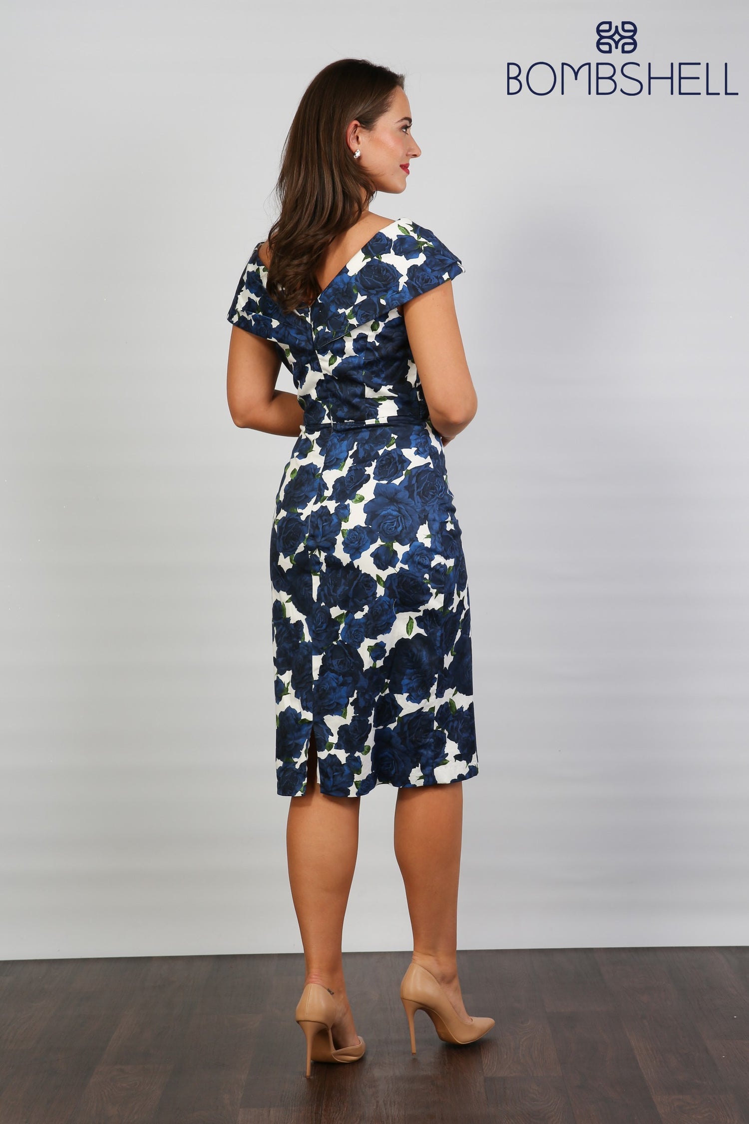 Bombshell Rhodes "Look at Me" Bardot Dress in Navy Roses