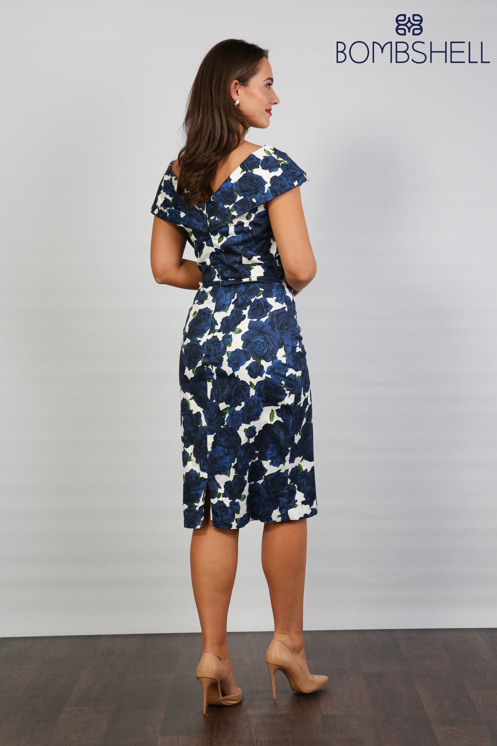 Bombshell Rhodes "Look at Me" Bardot Dress in Navy Roses