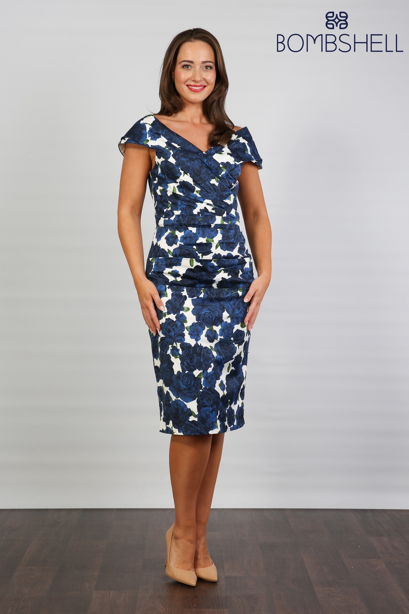 Bombshell Rhodes "Look at Me" Bardot Dress in Navy Roses