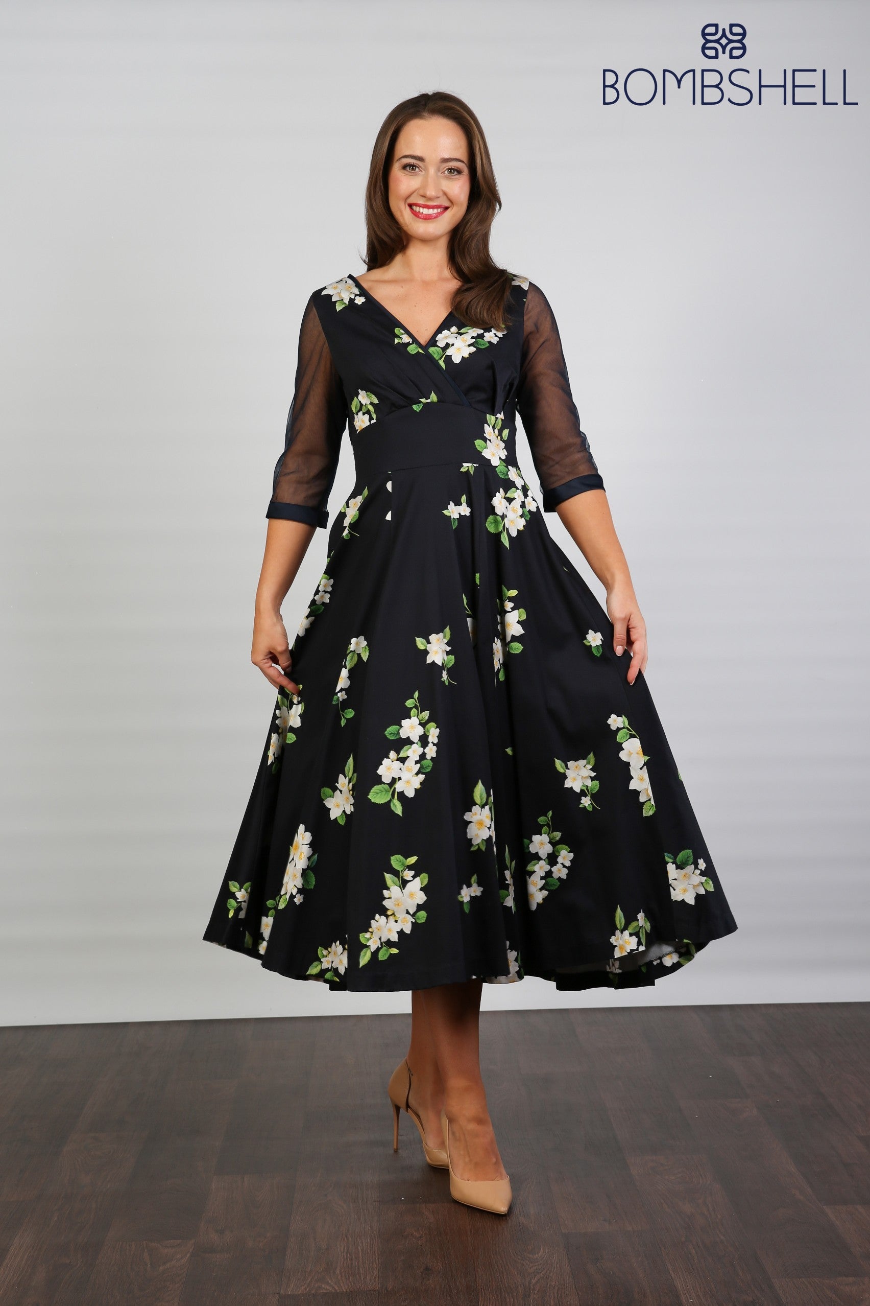 Bombshell Sophie Classic Sheer Sleeve Dress in Midnight Orange Blossom