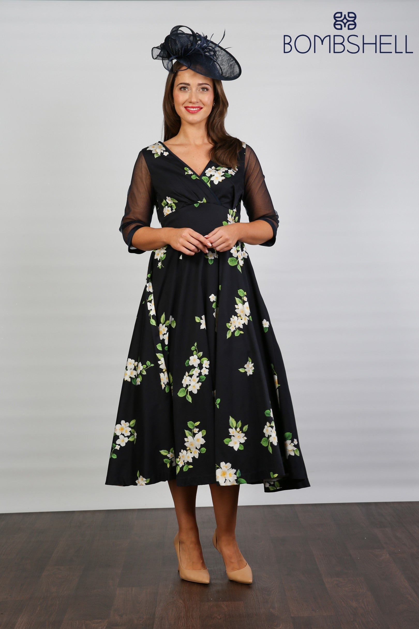 Bombshell Sophie Classic Sheer Sleeve Dress in Midnight Orange Blossom