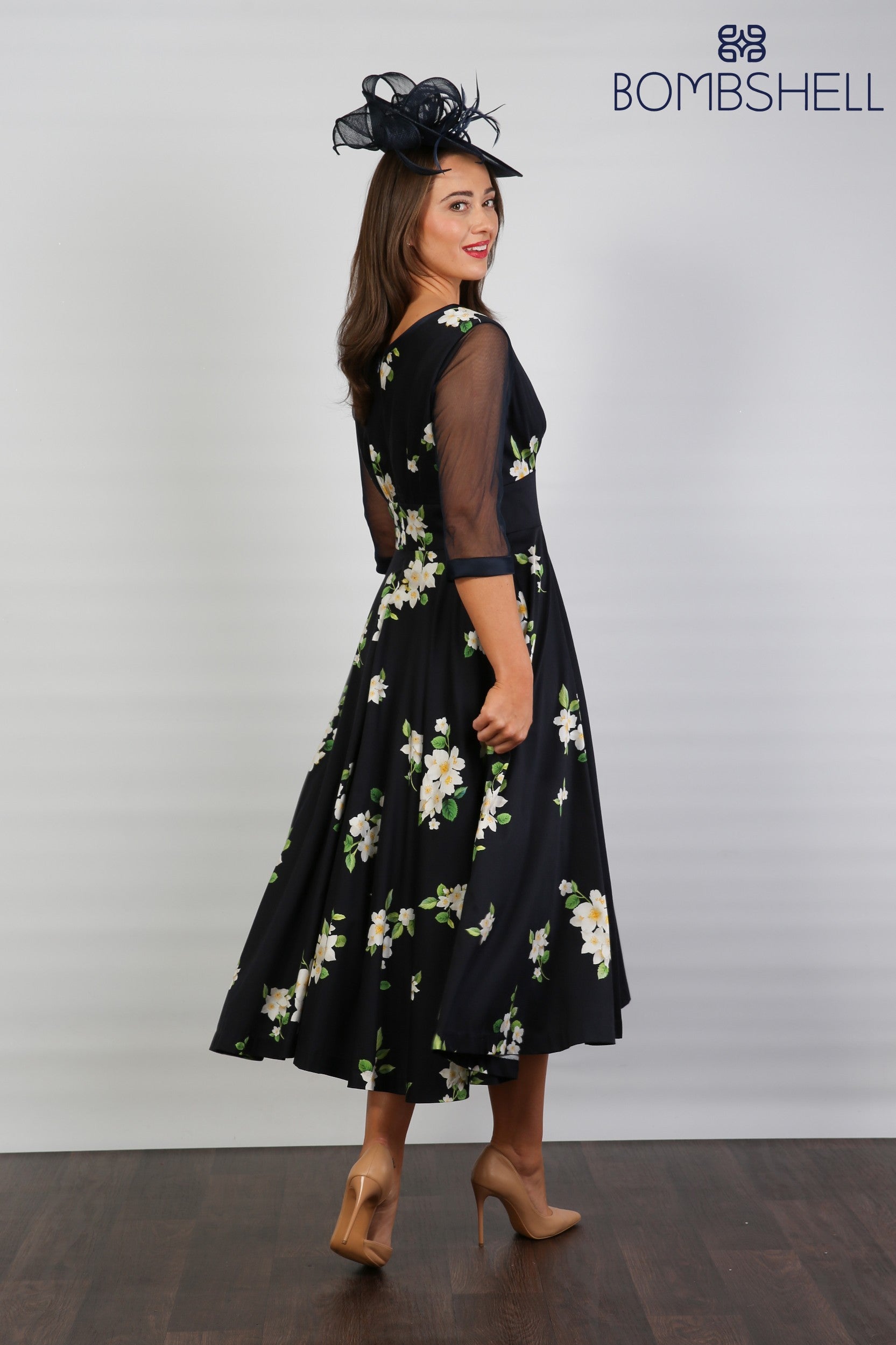 Bombshell Sophie Classic Sheer Sleeve Dress in Midnight Orange Blossom