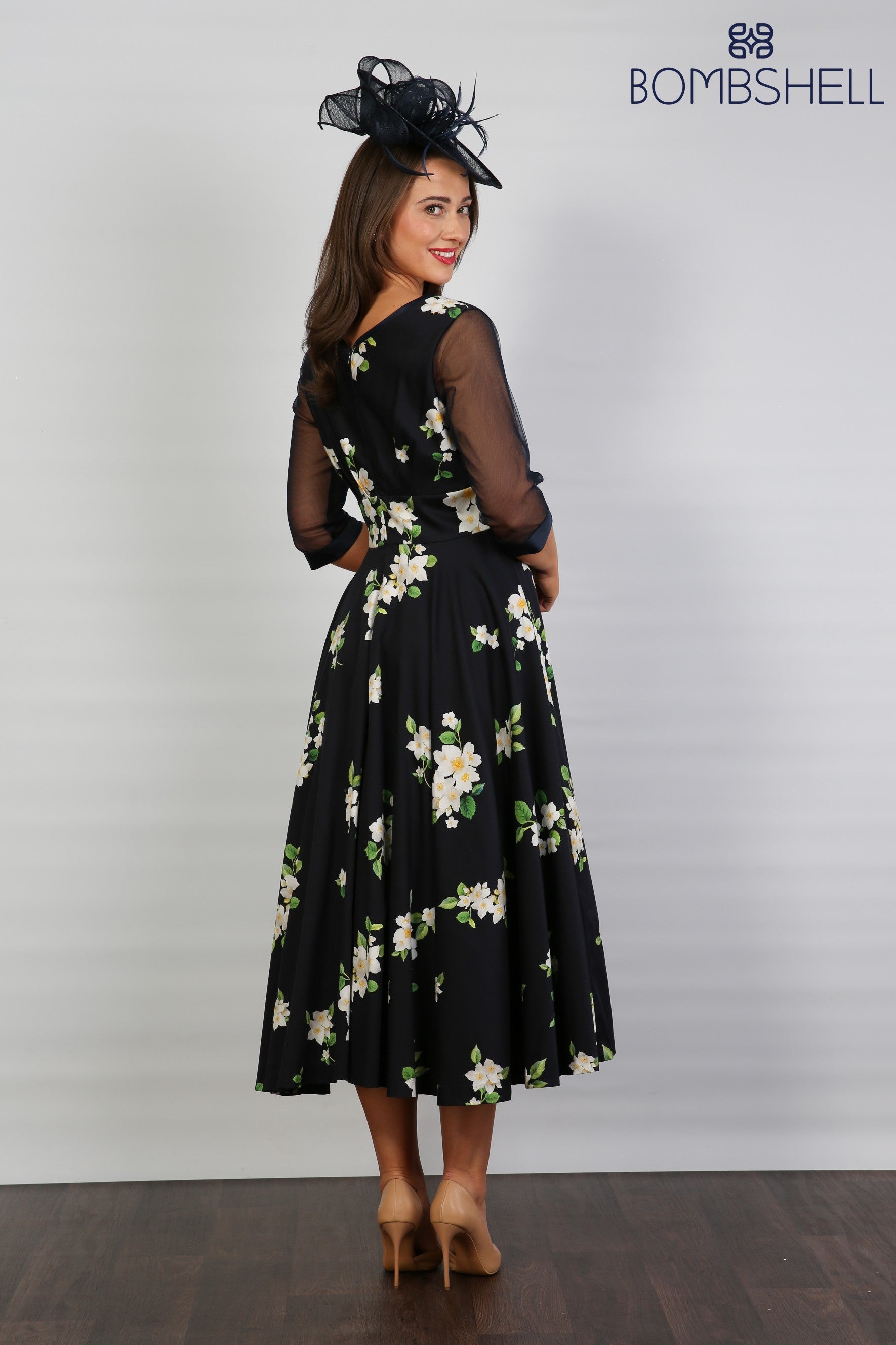 Bombshell Sophie Classic Sheer Sleeve Dress in Midnight Orange Blossom