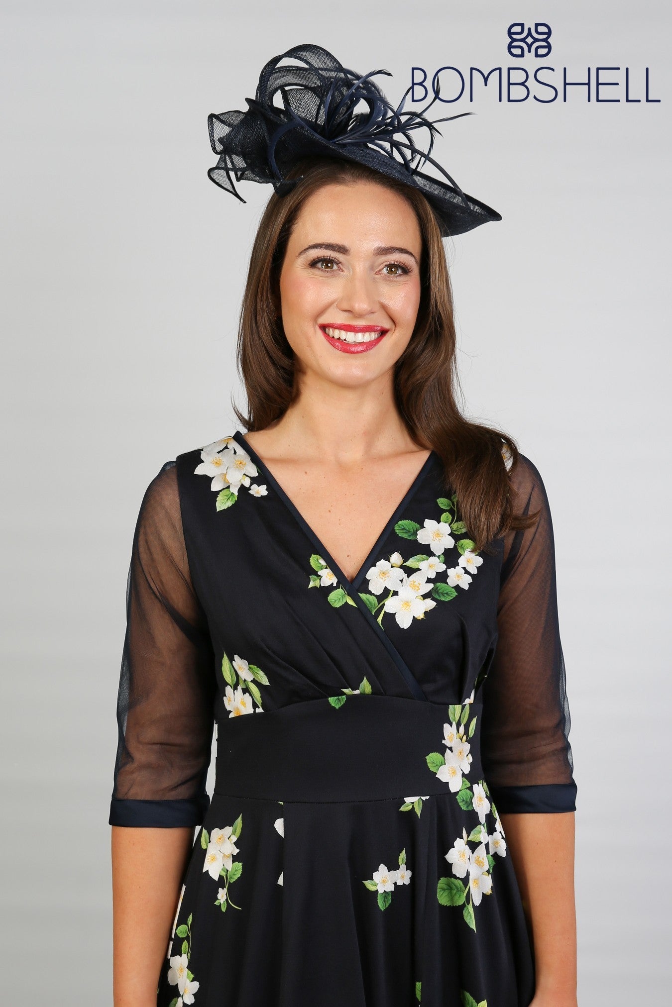 Bombshell Sophie Classic Sheer Sleeve Dress in Midnight Orange Blossom