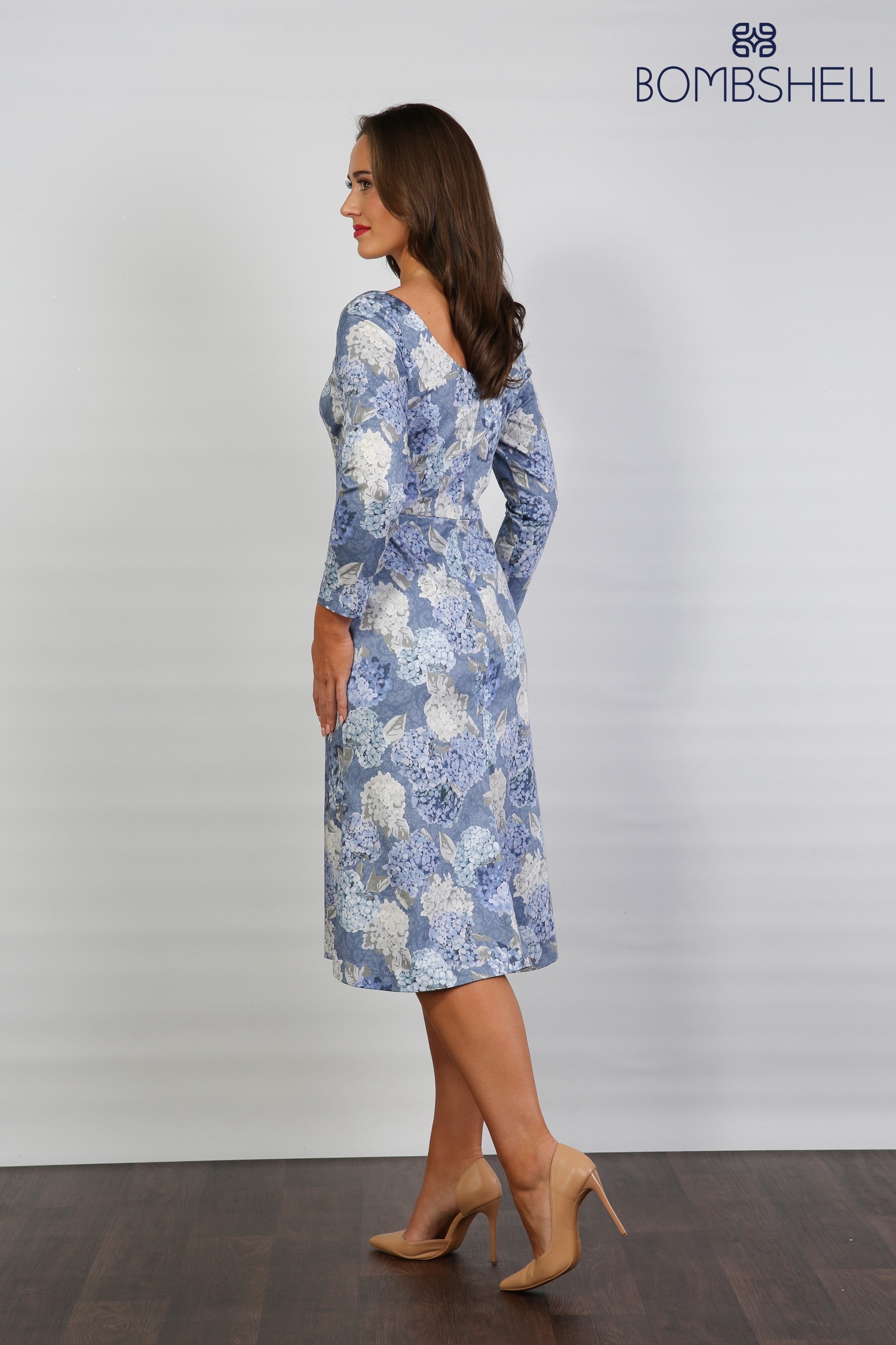 Bombshell Dorothy Sleek & Sweet Long Sleeve Dress in Hydrangea Blue