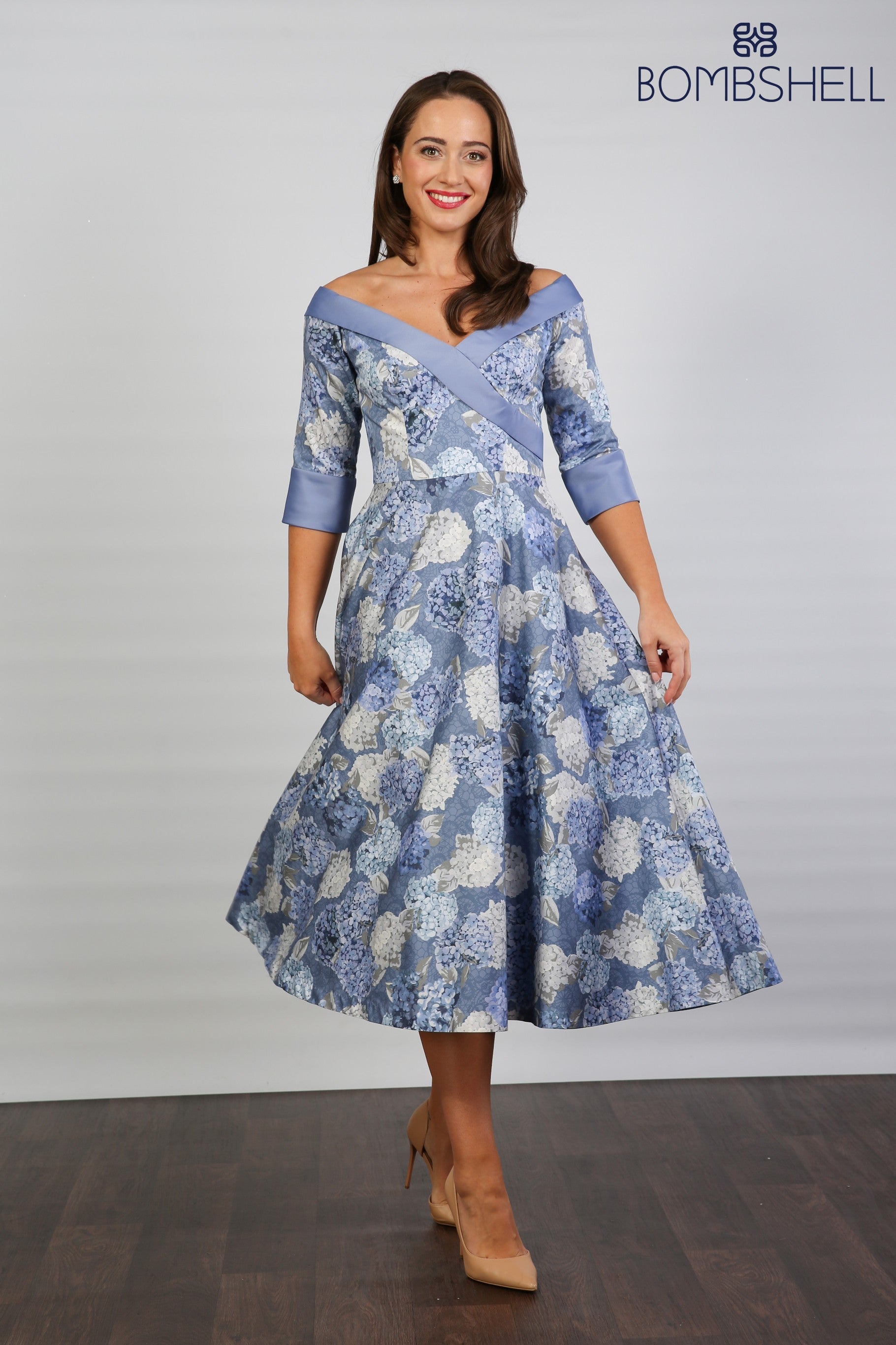 Bombshell Hamilton Bardot Sleeve Dress in Hydrangea Blue