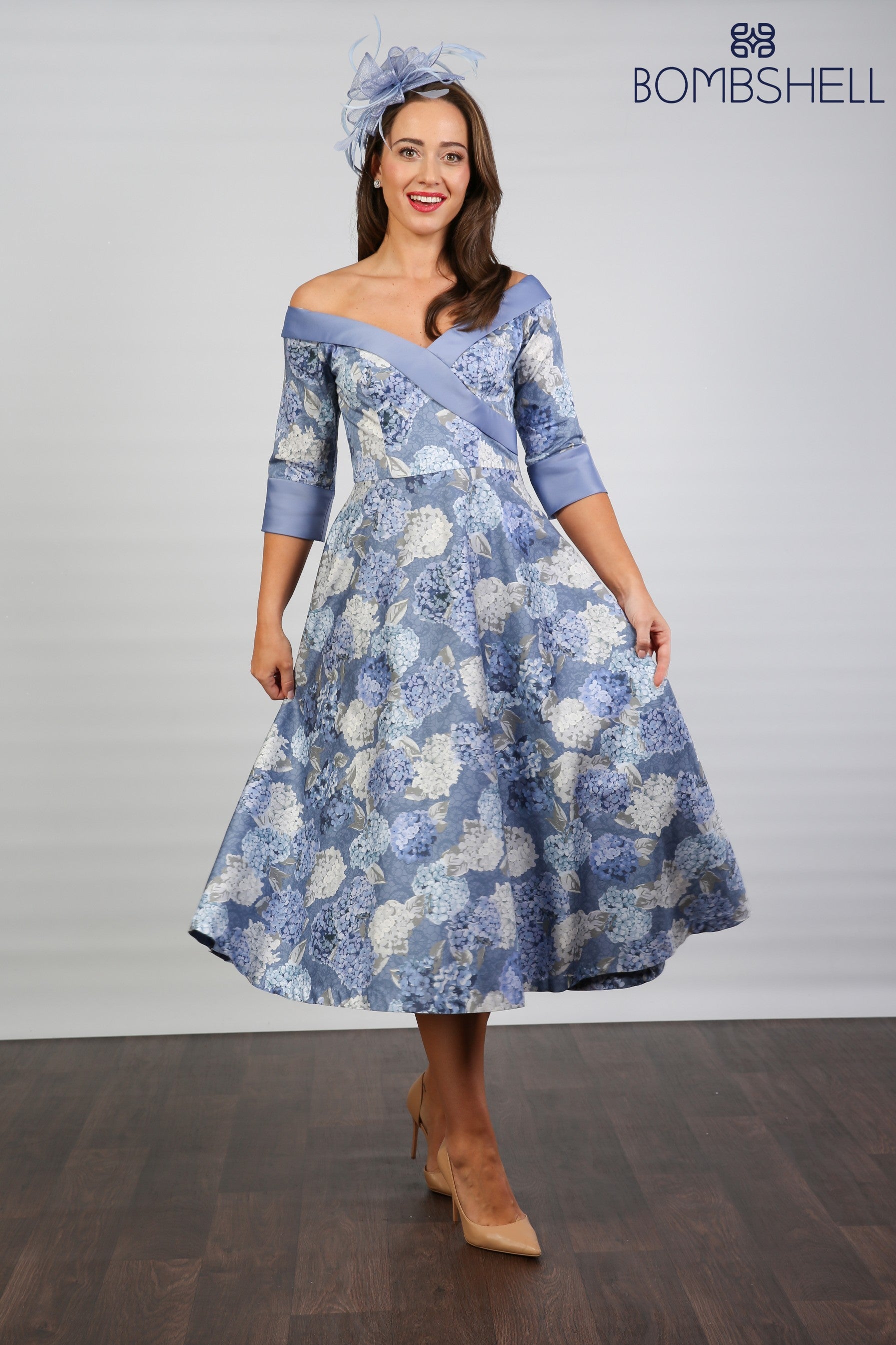 Bombshell Hamilton Bardot Sleeve Dress in Hydrangea Blue