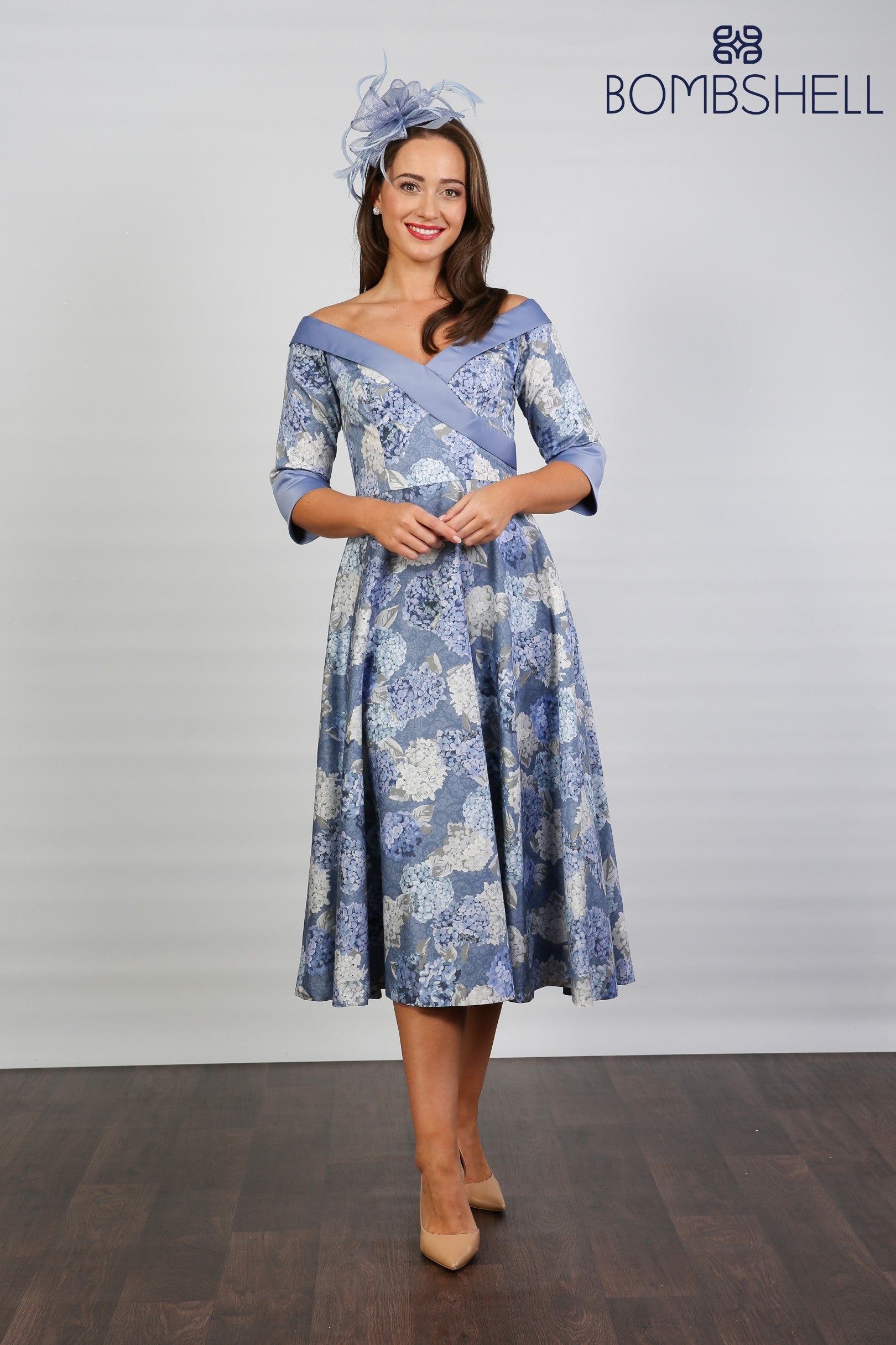 Bombshell Hamilton Bardot Sleeve Dress in Hydrangea Blue