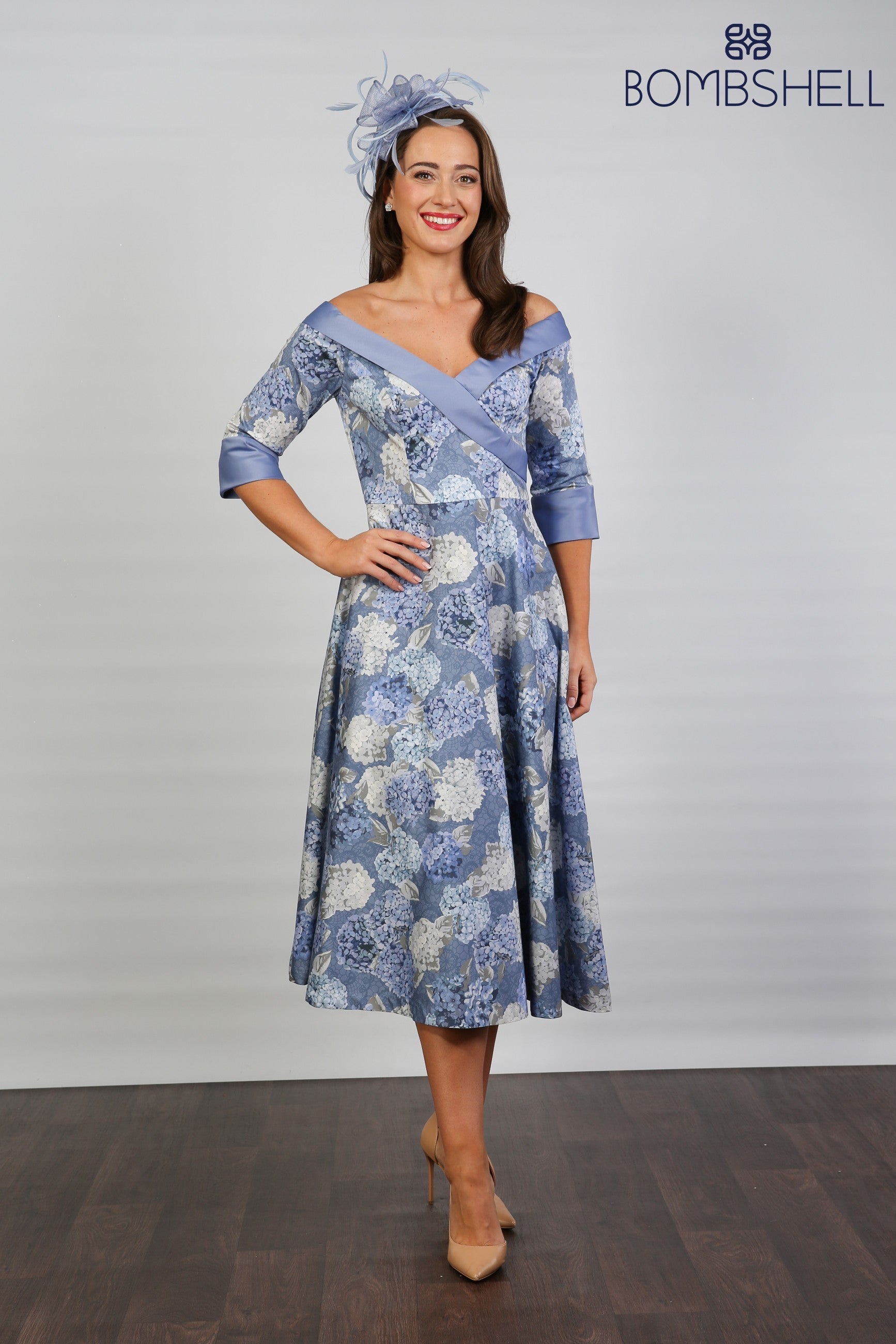 Bombshell Hamilton Bardot Sleeve Dress in Hydrangea Blue