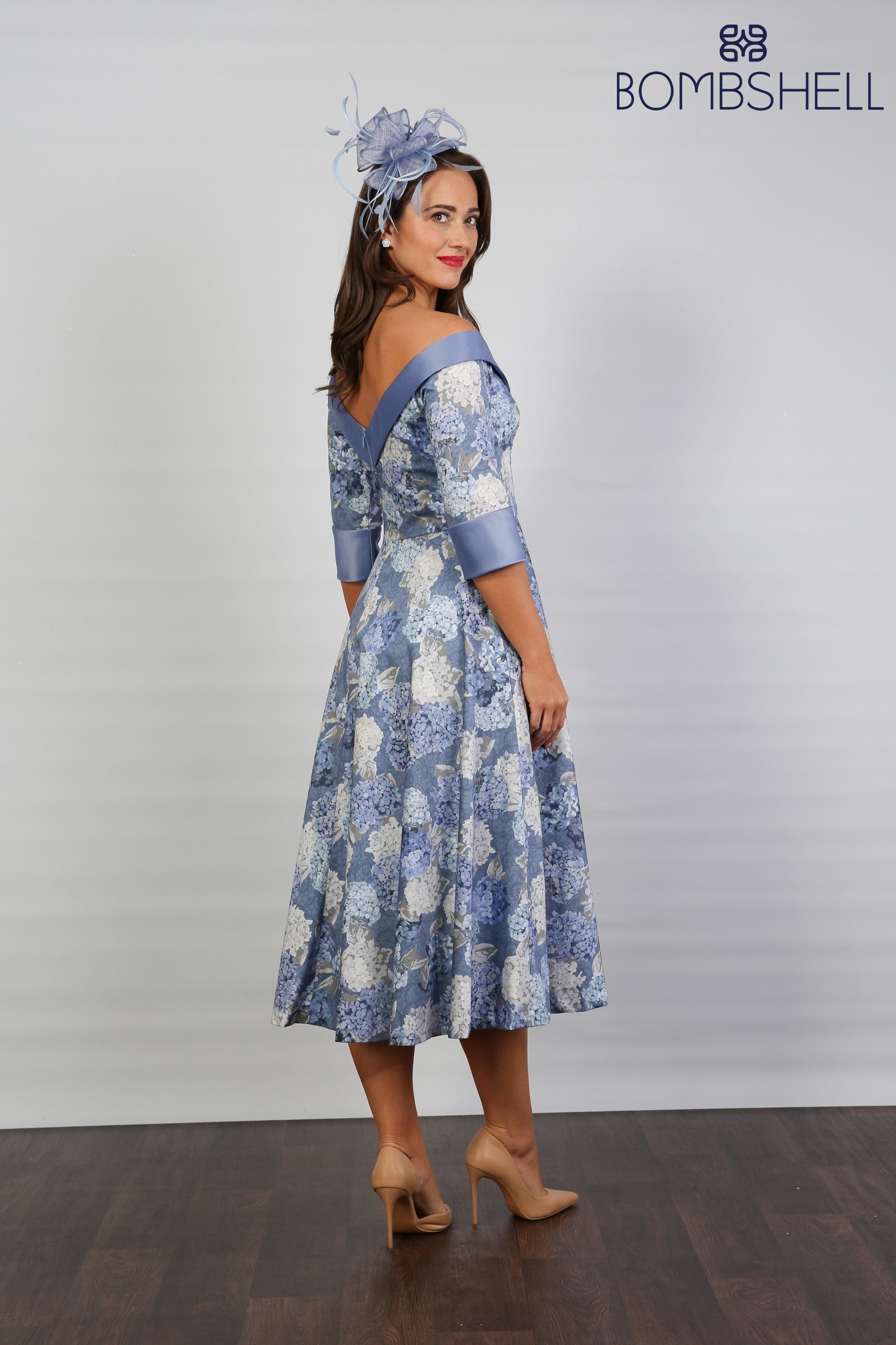 Bombshell Hamilton Bardot Sleeve Dress in Hydrangea Blue