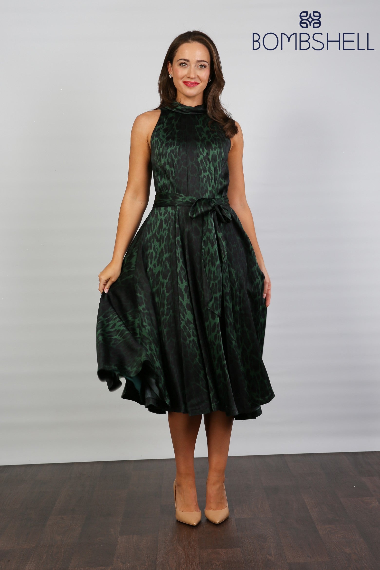 Bombshell Hattie Fluid Satin Halterneck Dress in Green Leopard