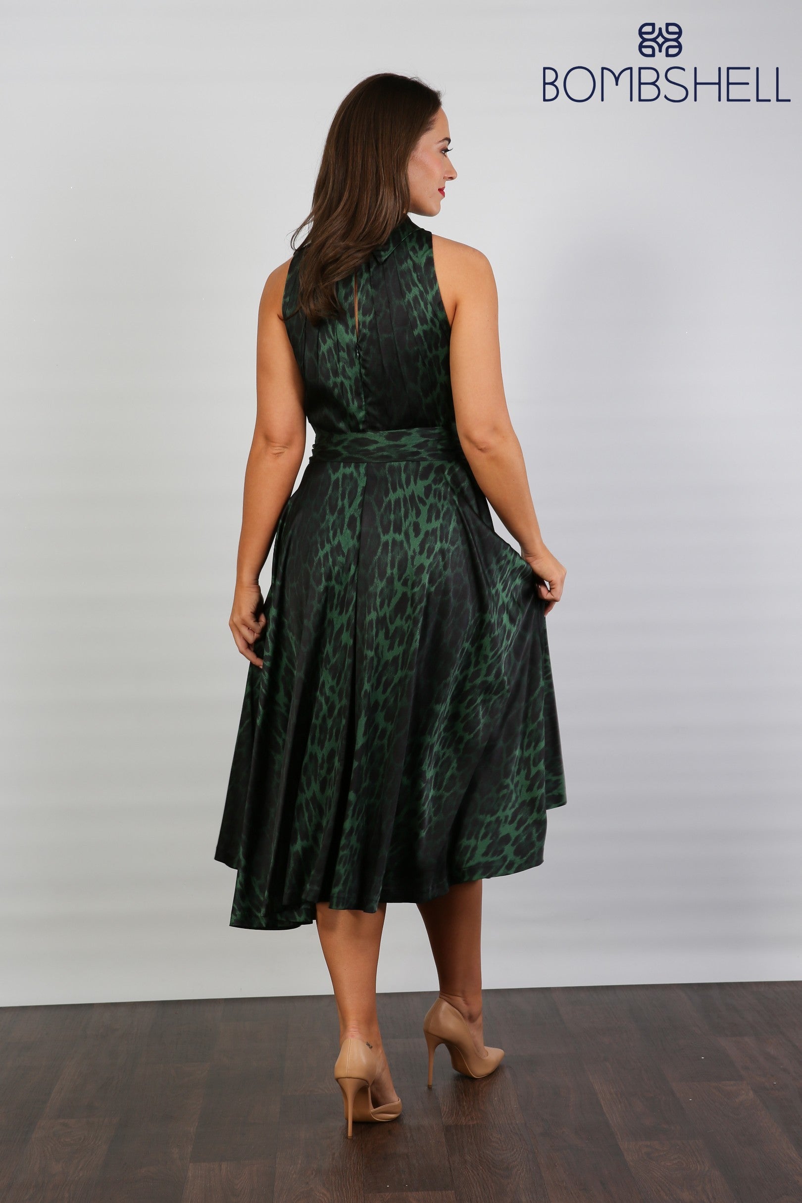 Bombshell Hattie Fluid Satin Halterneck Dress in Green Leopard