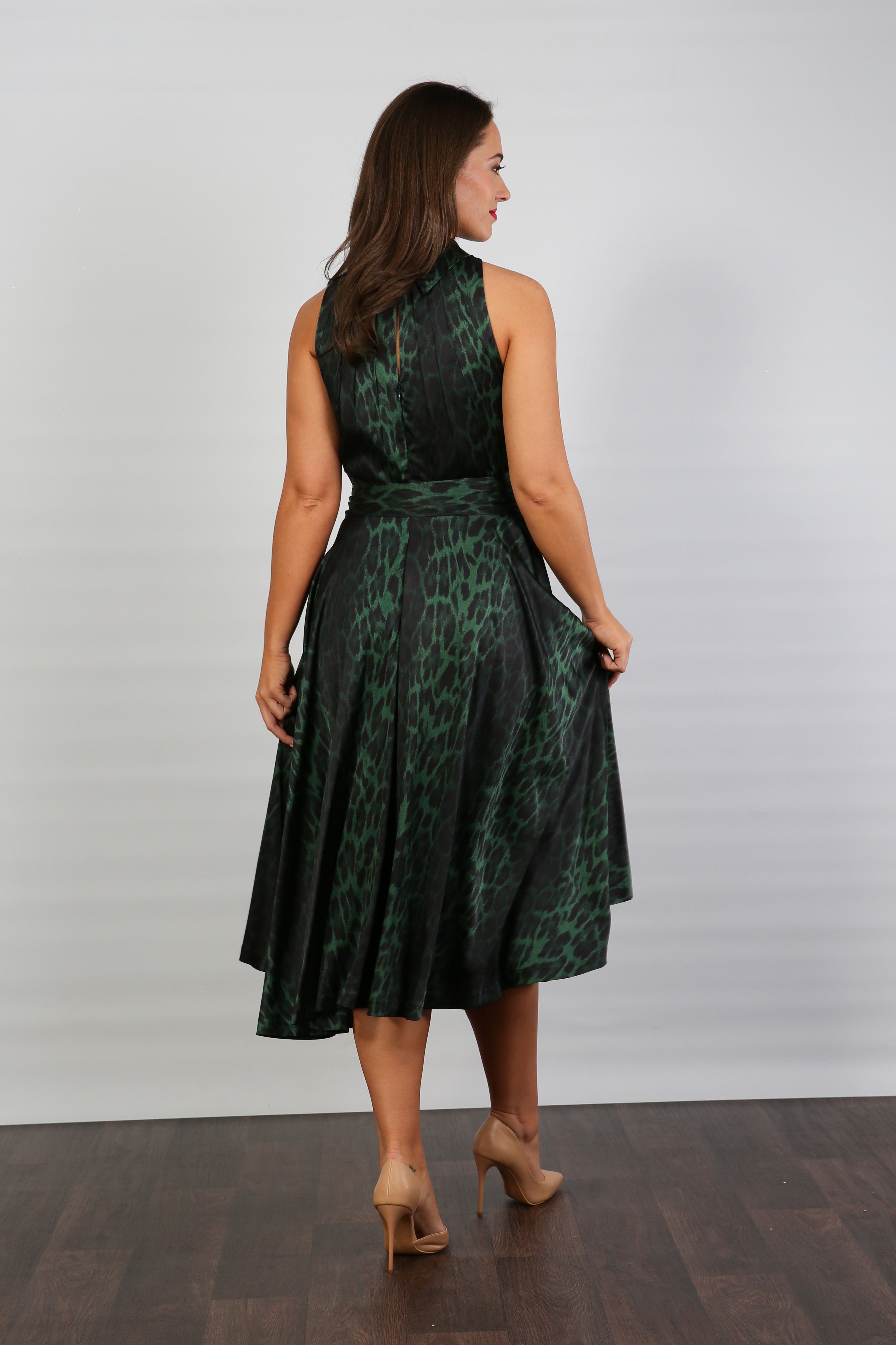 Bombshell Hattie Fluid Satin Halterneck Dress in Green Leopard