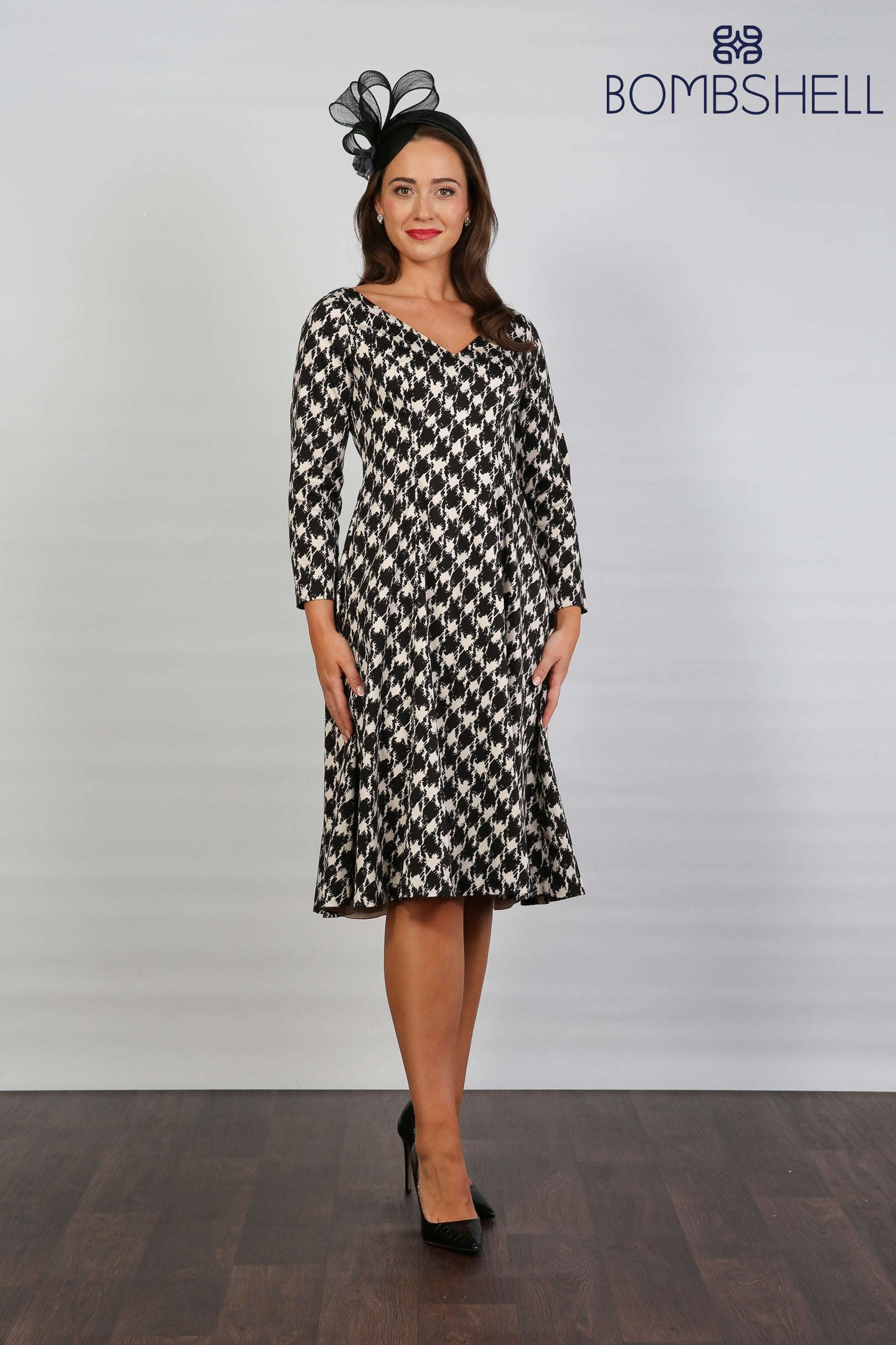 Bombshell Sears Sleek & Sweet Long Sleeve Dress in Dogtooth Check