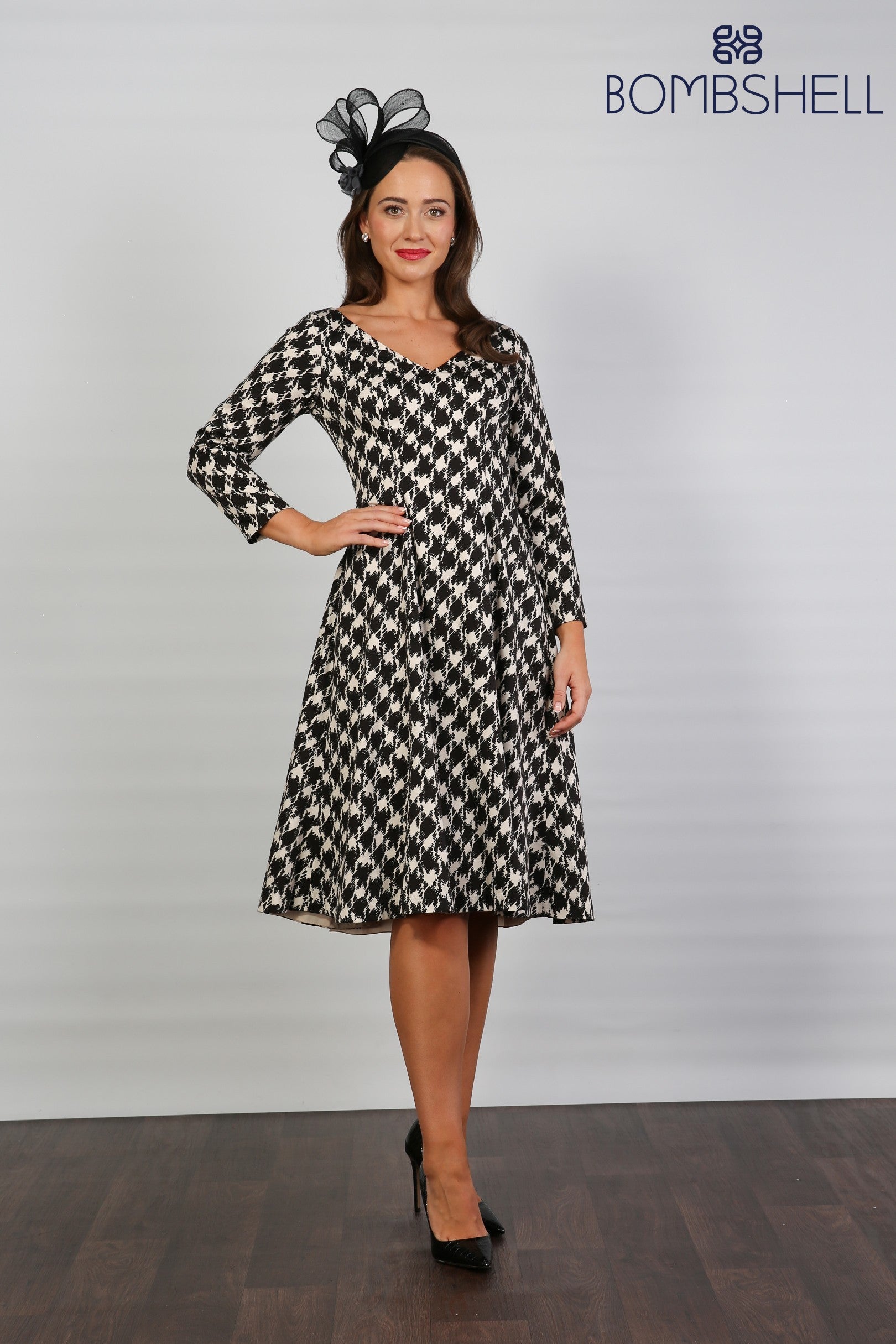 Bombshell Sears Sleek & Sweet Long Sleeve Dress in Dogtooth Check