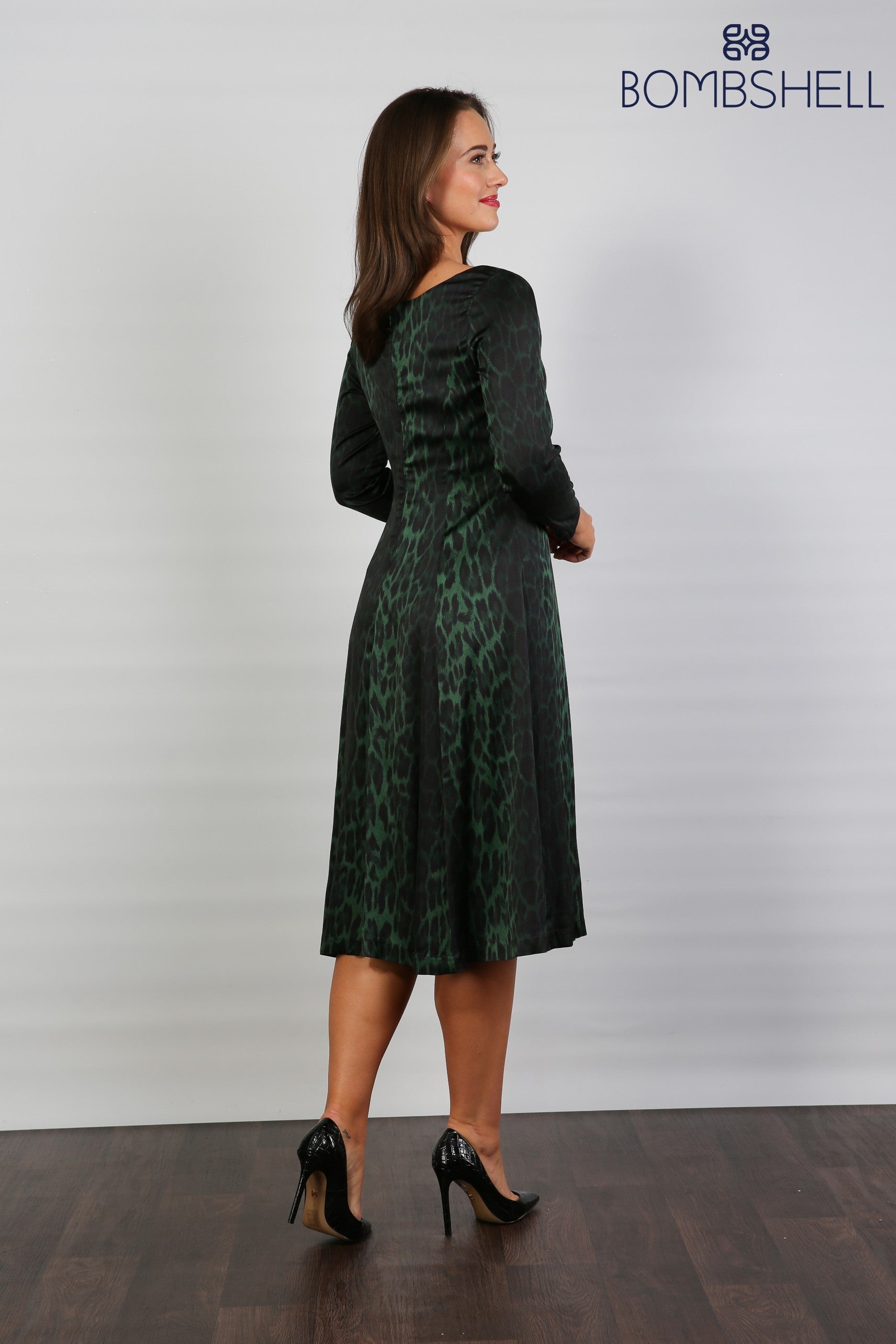 Bombshell Sears Sleek & Sweet Long Sleeve Dress in Green Leopard