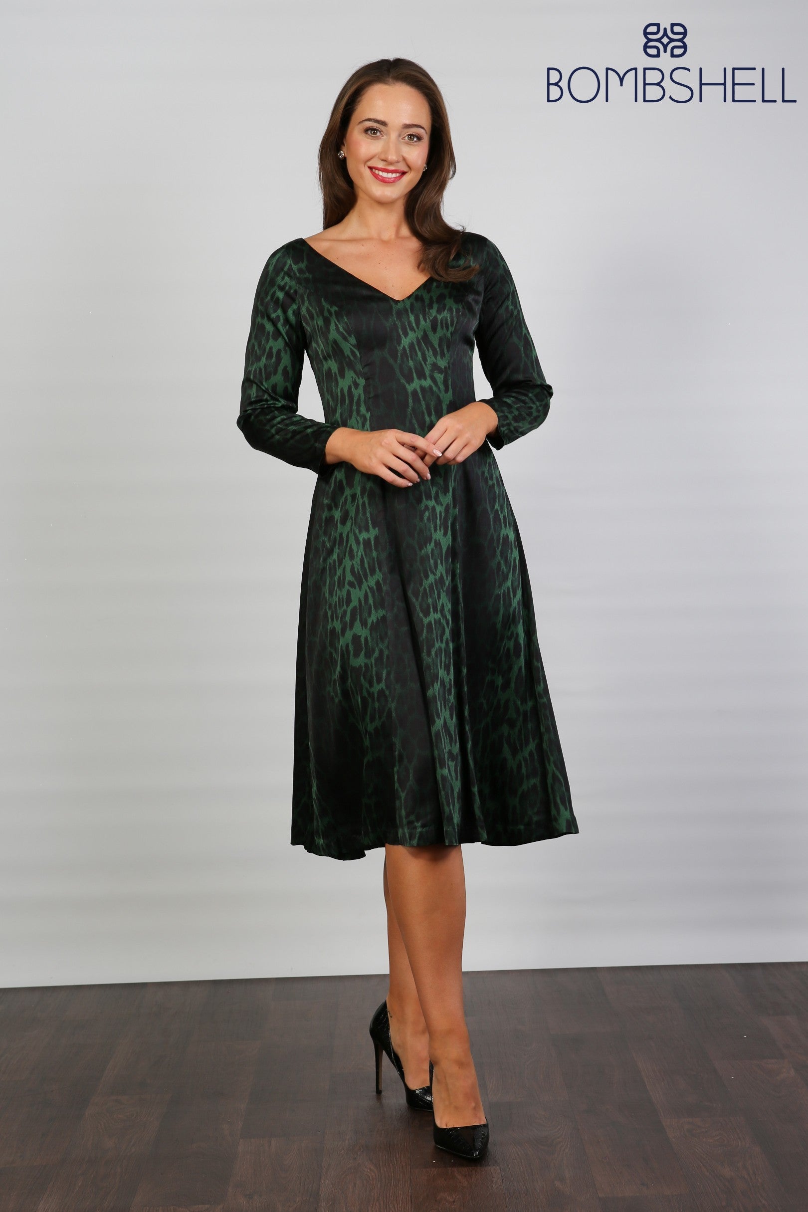 Bombshell Sears Sleek & Sweet Long Sleeve Dress in Green Leopard