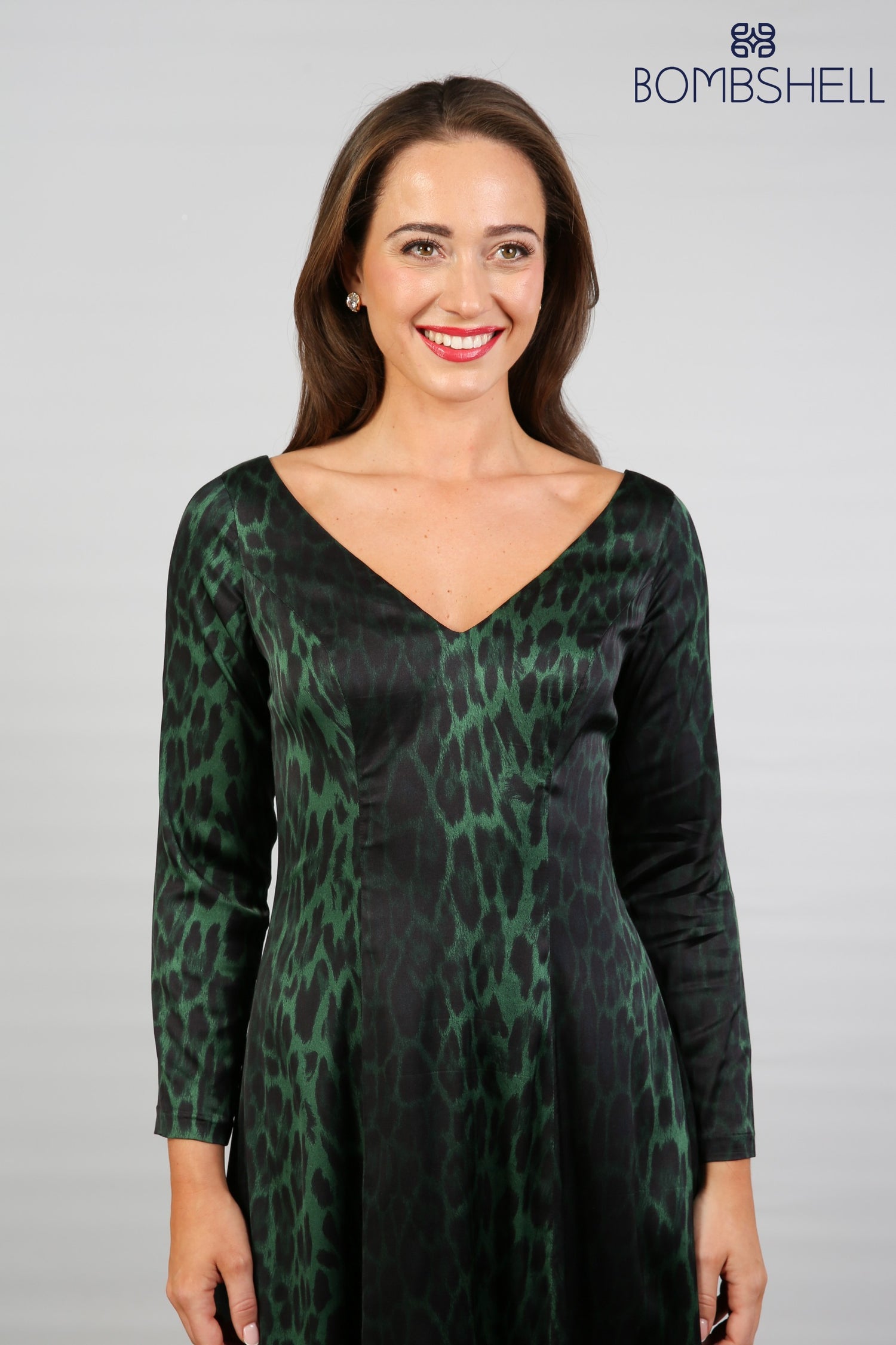 Bombshell Sears Sleek & Sweet Long Sleeve Dress in Green Leopard