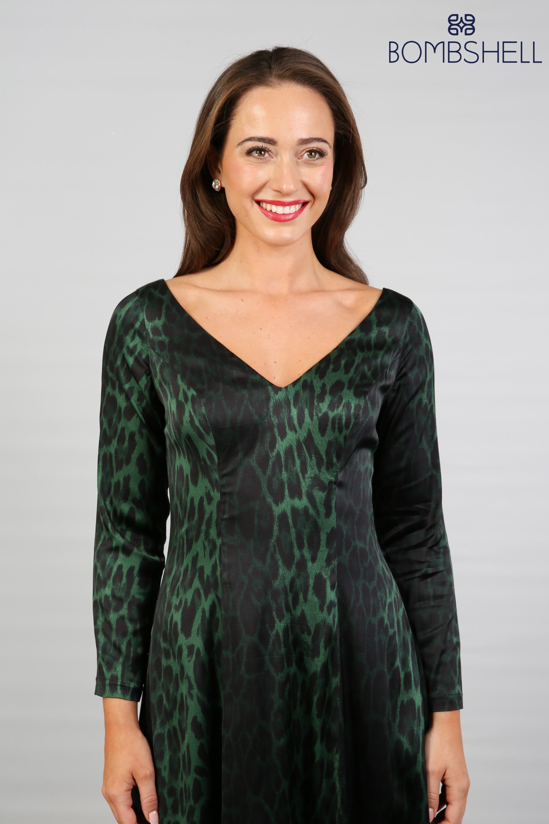 Bombshell Sears Sleek & Sweet Long Sleeve Dress in Green Leopard