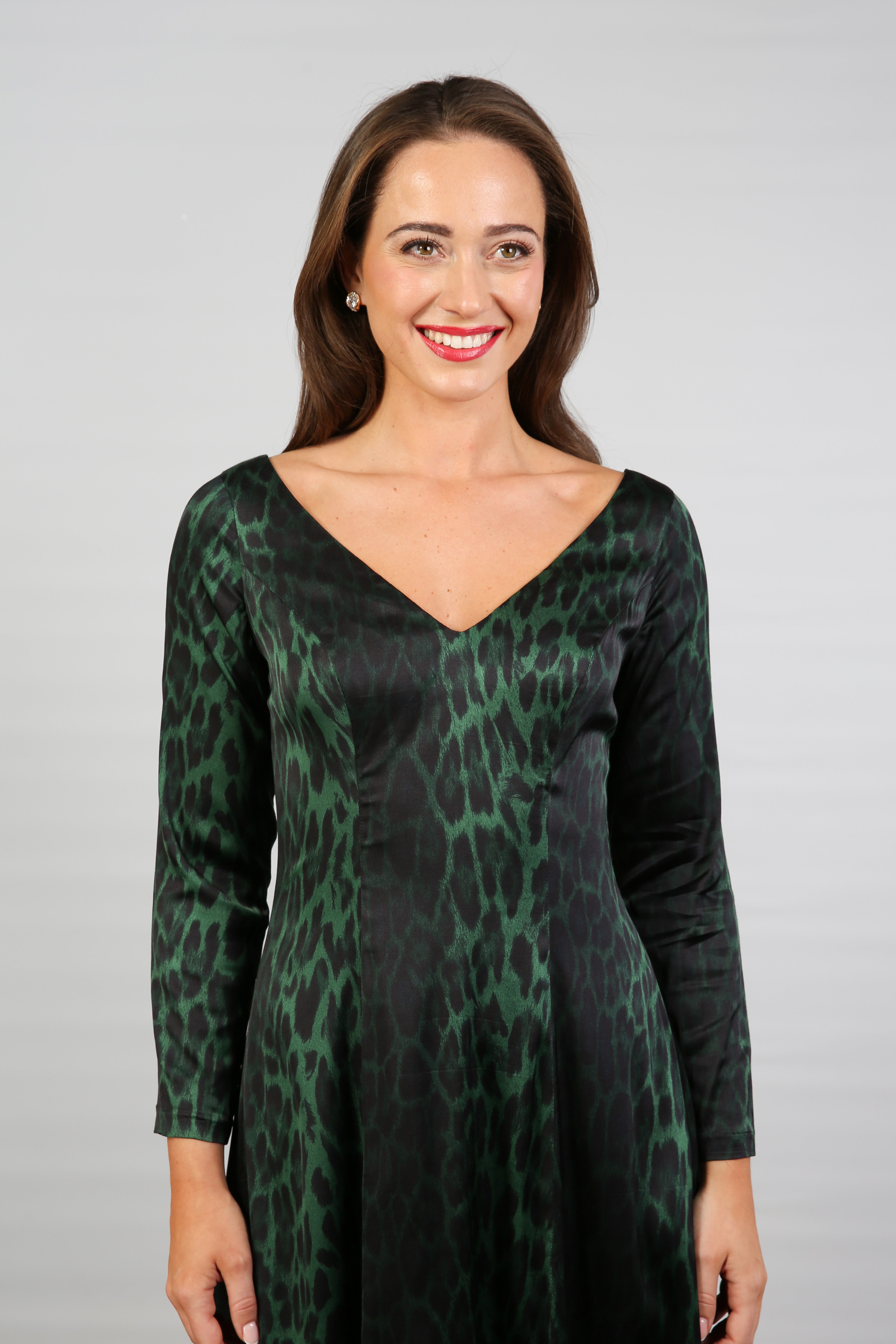 Bombshell Sears Sleek & Sweet Long Sleeve Dress in Green Leopard