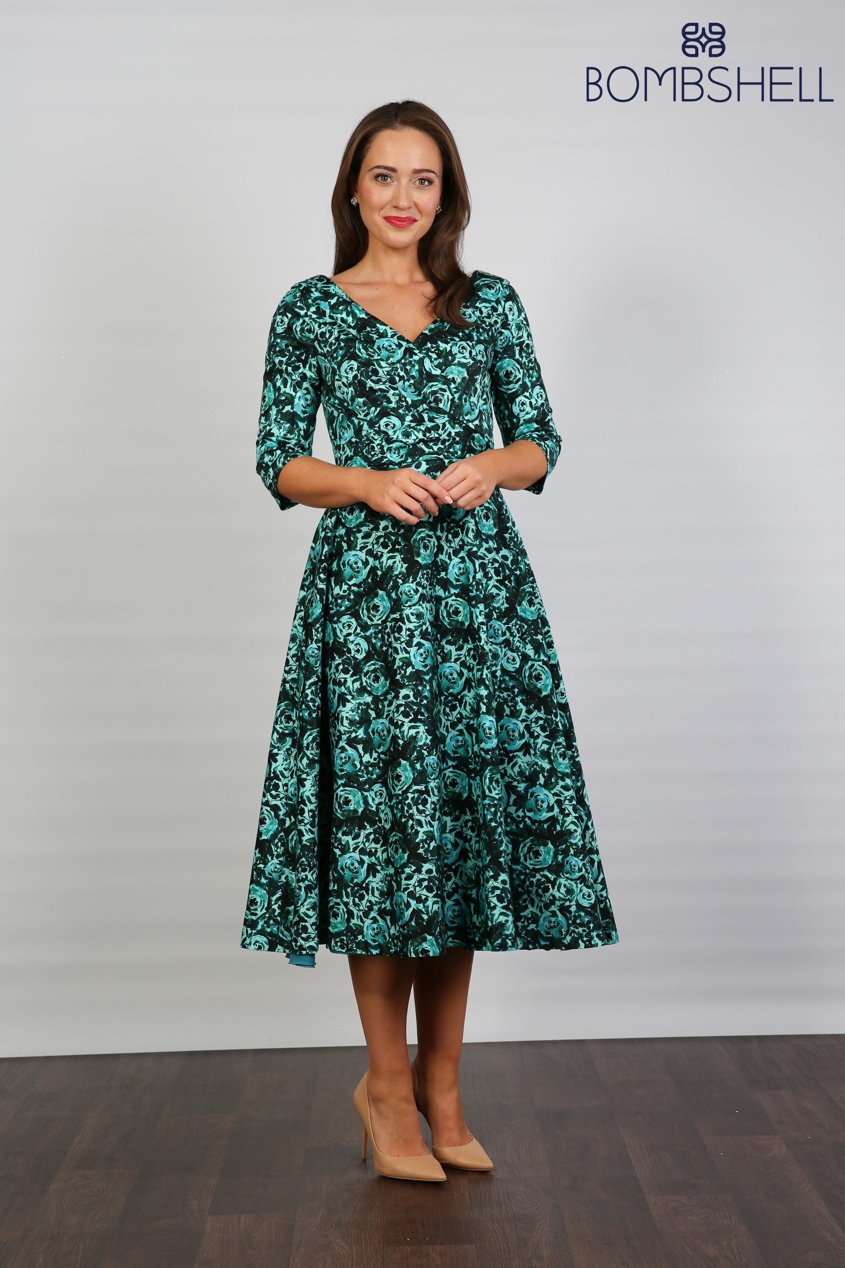Bombshell Georgia Edge off the Shoulder A-line Dress in Marina Roses