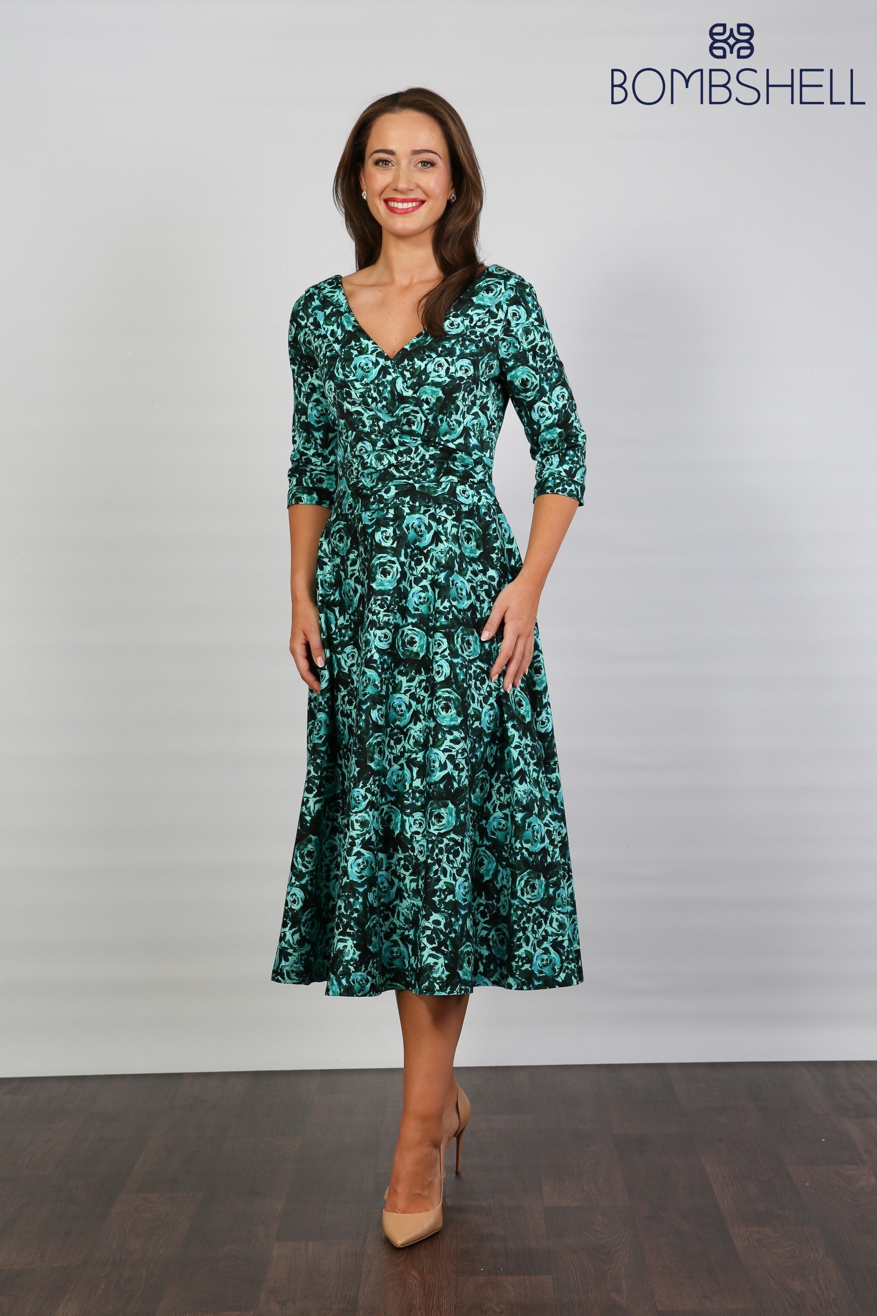Bombshell Georgia Edge off the Shoulder A-line Dress in Marina Roses