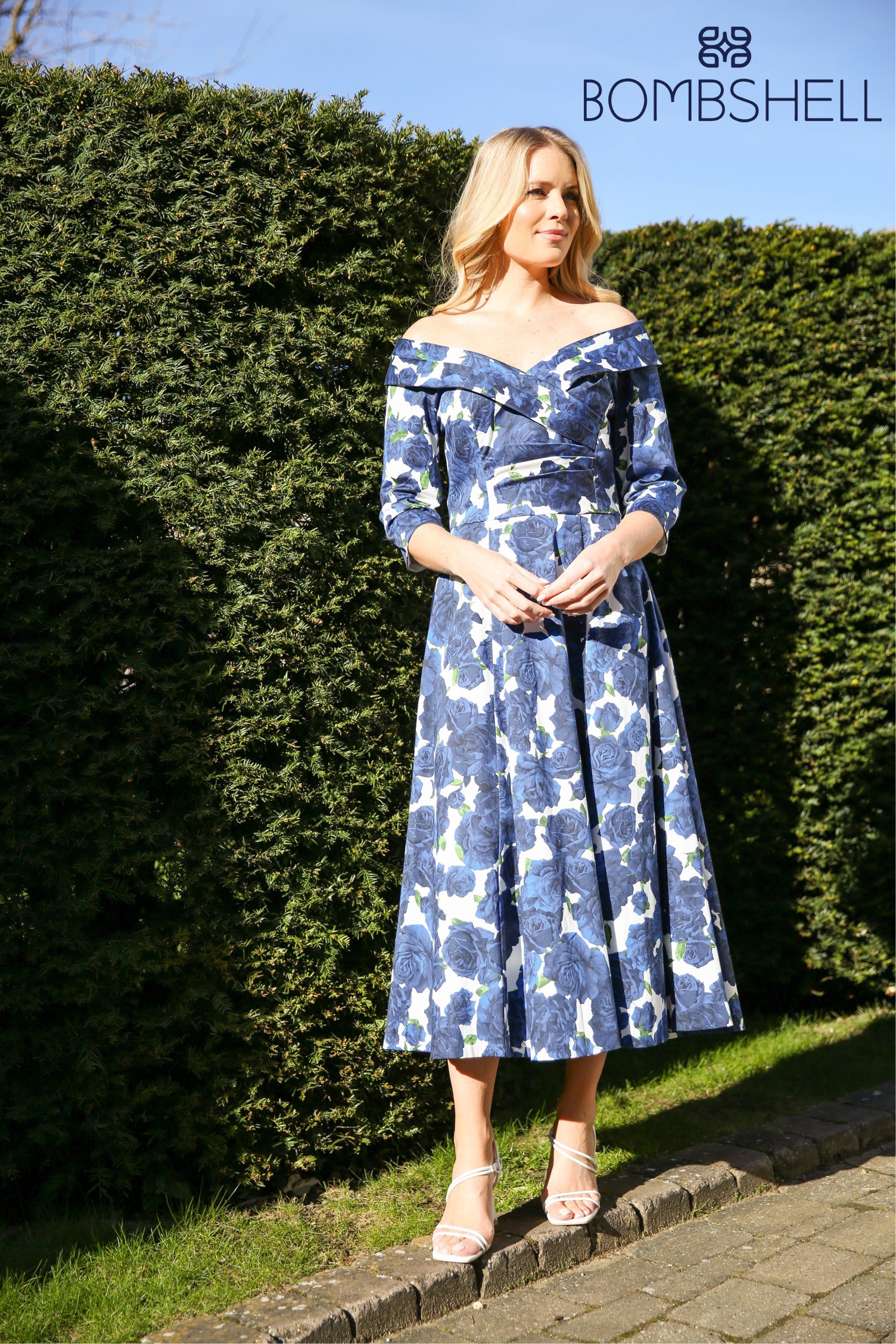 Bombshell Georgia Edge off the Shoulder A-line Dress in Navy Roses