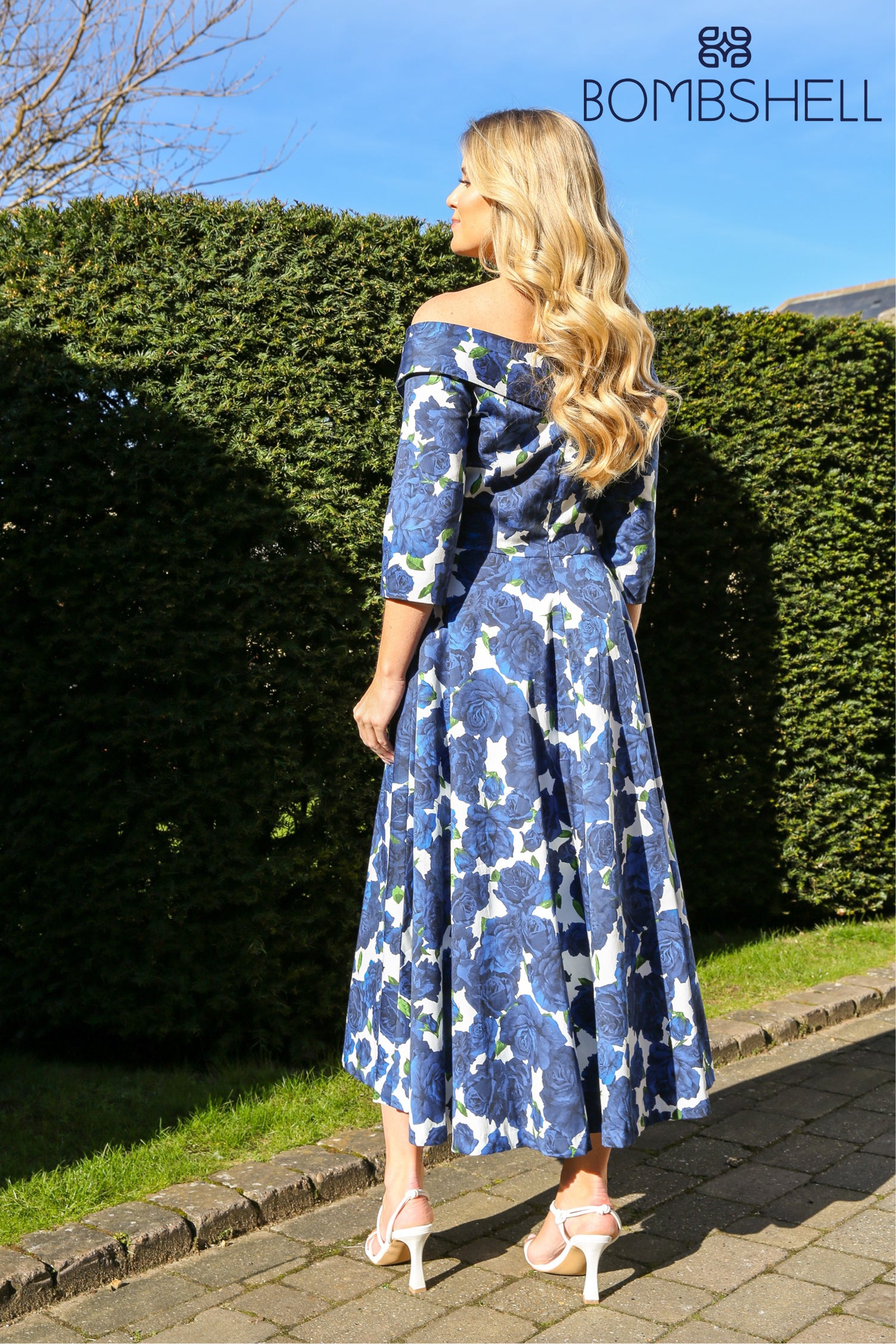 Bombshell Georgia Edge off the Shoulder A-line Dress in Navy Roses