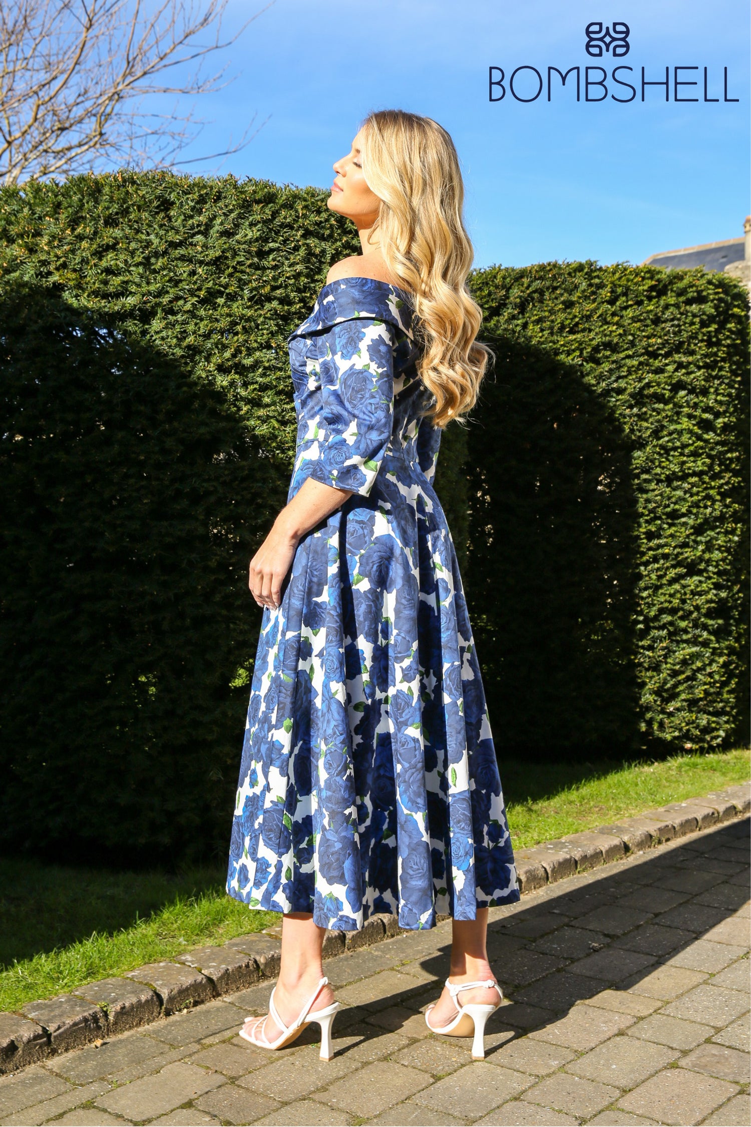 Bombshell Georgia Edge of the Shoulder A-line Dress in Navy Roses