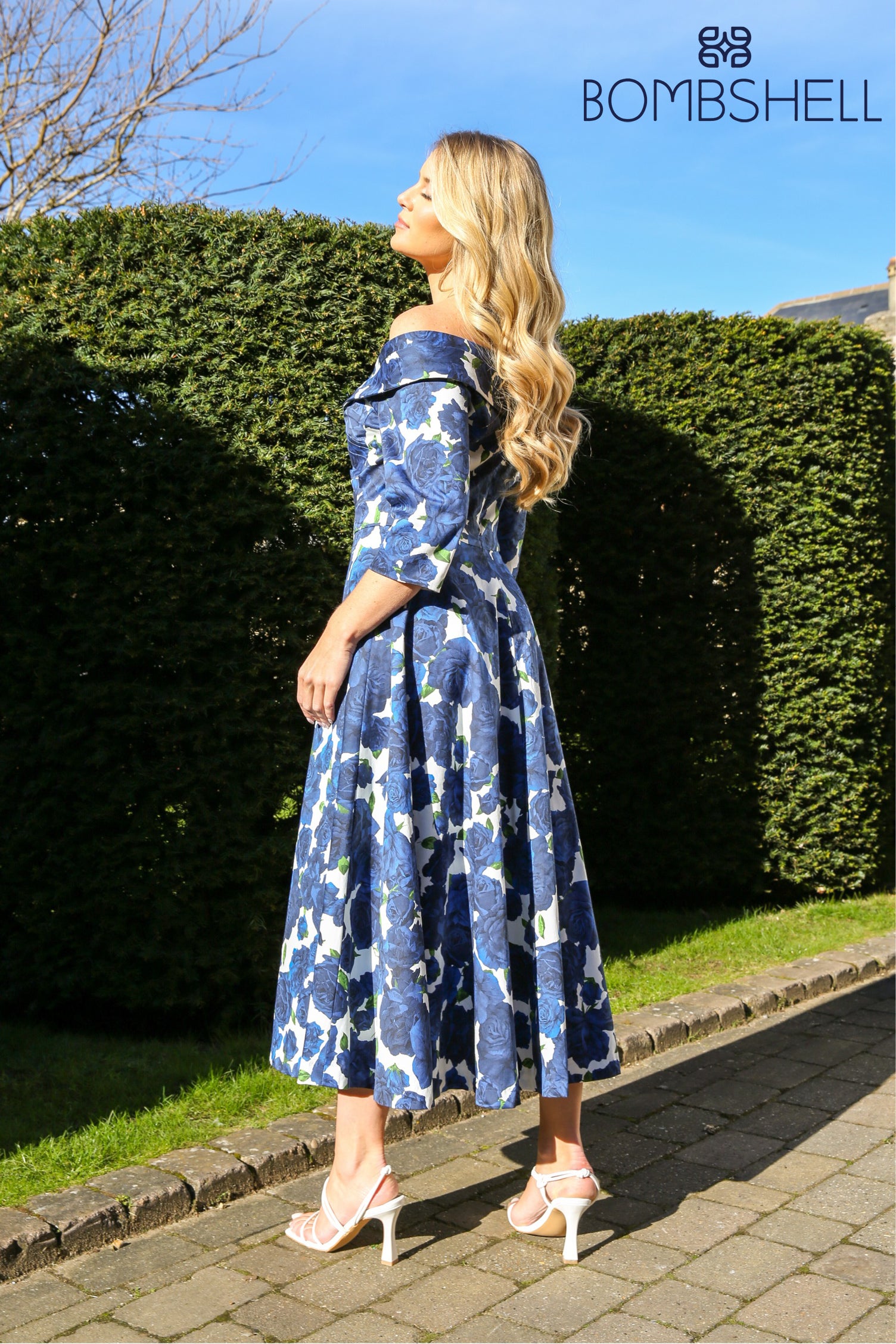 Bombshell Georgia Edge off the Shoulder A-line Dress in Navy Roses