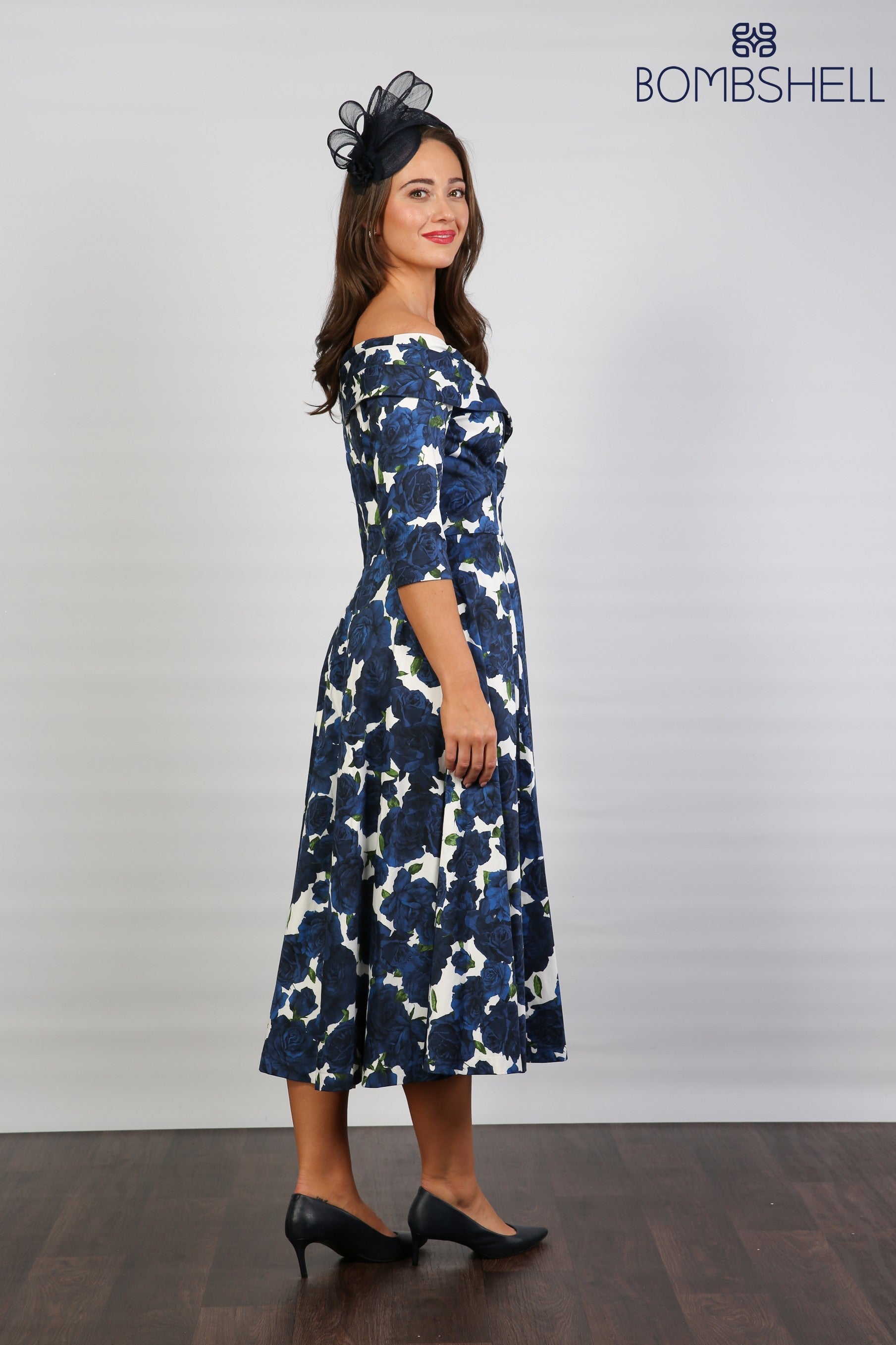 Bombshell Georgia Edge off the Shoulder A-line Dress in Navy Roses
