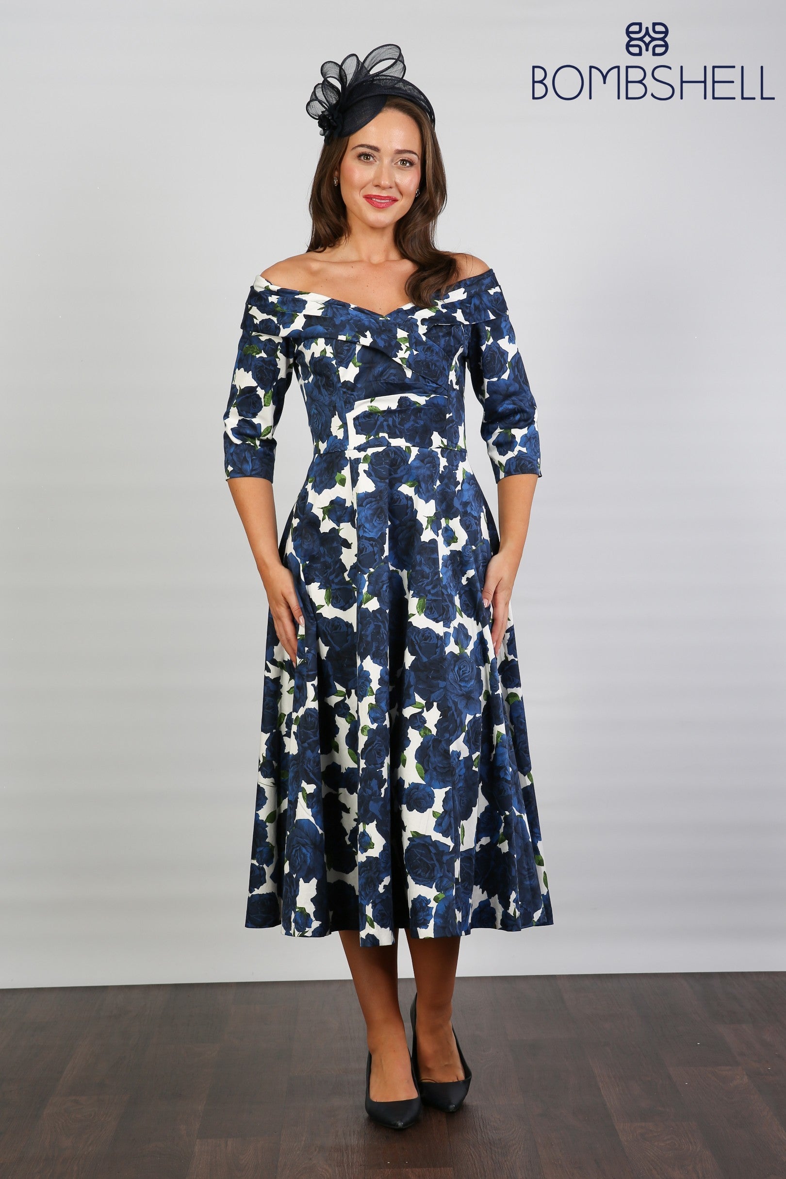 Bombshell Georgia Edge off the Shoulder A-line Dress in Navy Roses