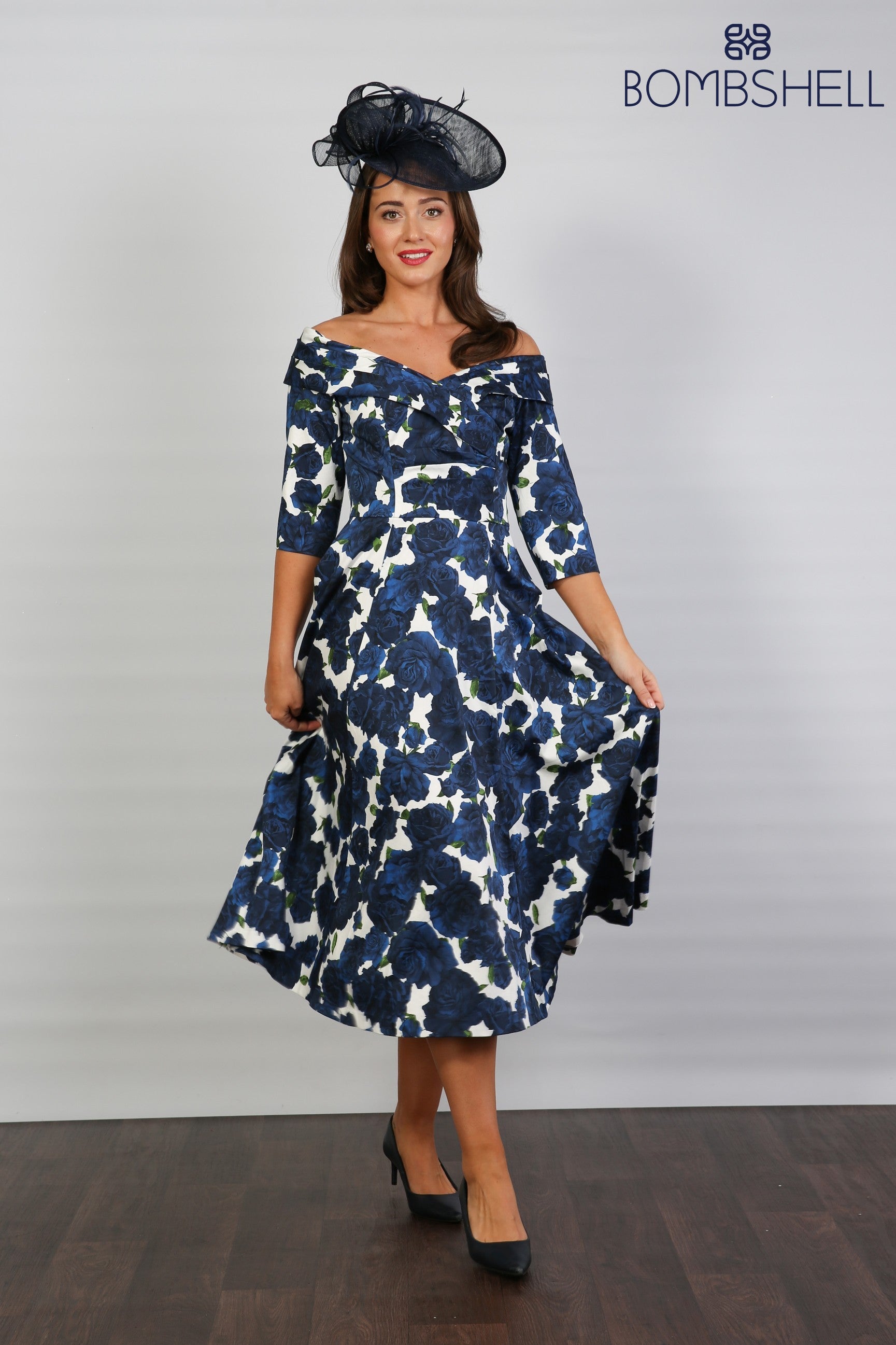 Bombshell Georgia Edge off the Shoulder A-line Dress in Navy Roses