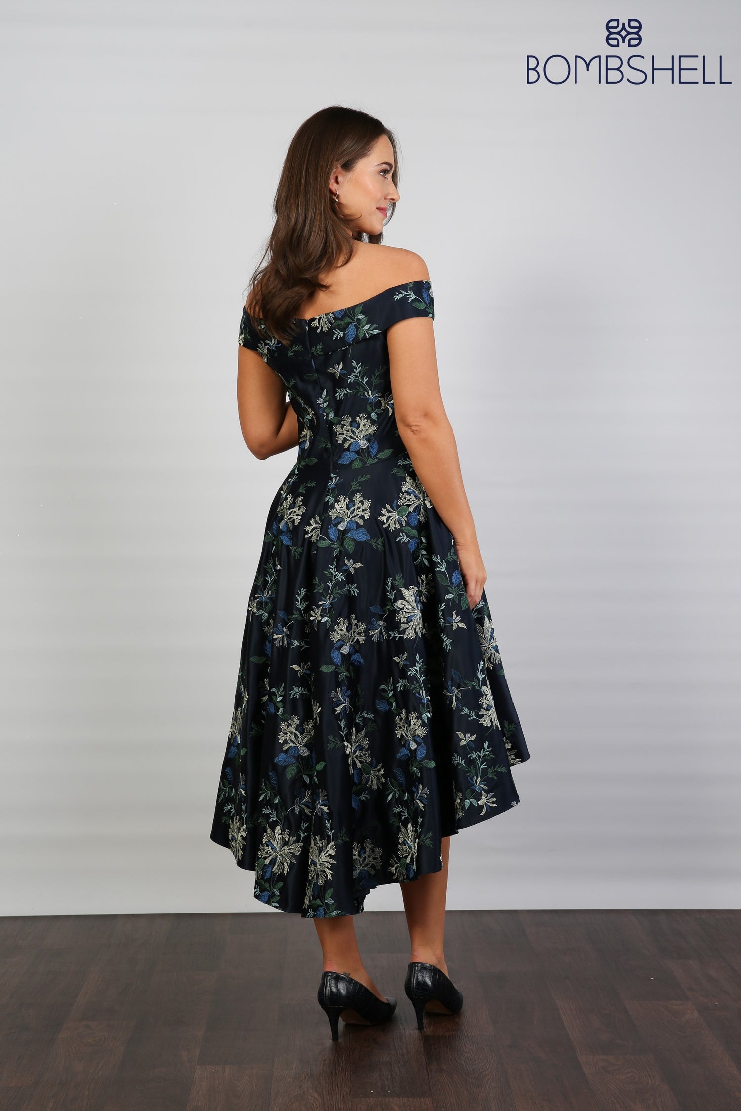 Bombshell Blair Bardot Embroidered High-Low Dress in Navy Honeysuckle
