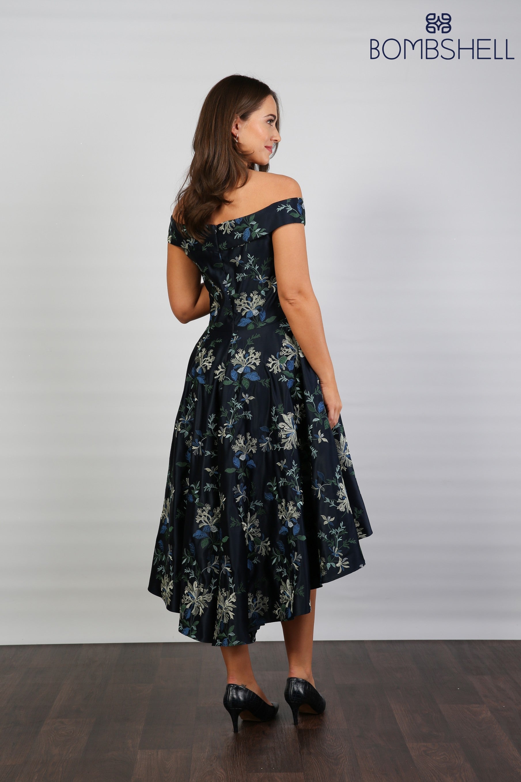 Bombshell Blair Bardot Embroidered High-Low Dress in Navy Honeysuckle