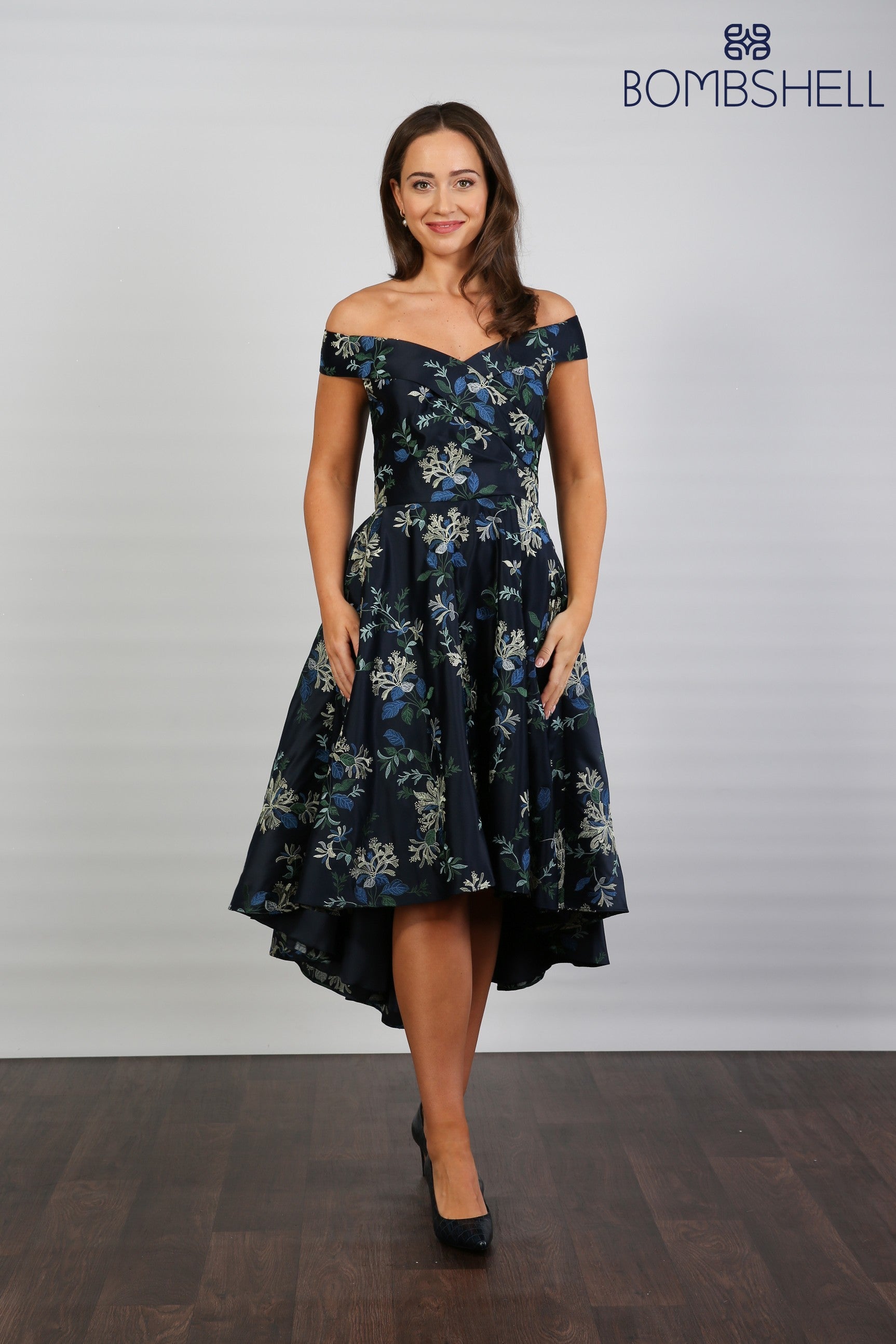 Bombshell Blair Bardot Embroidered High-Low Dress in Navy Honeysuckle