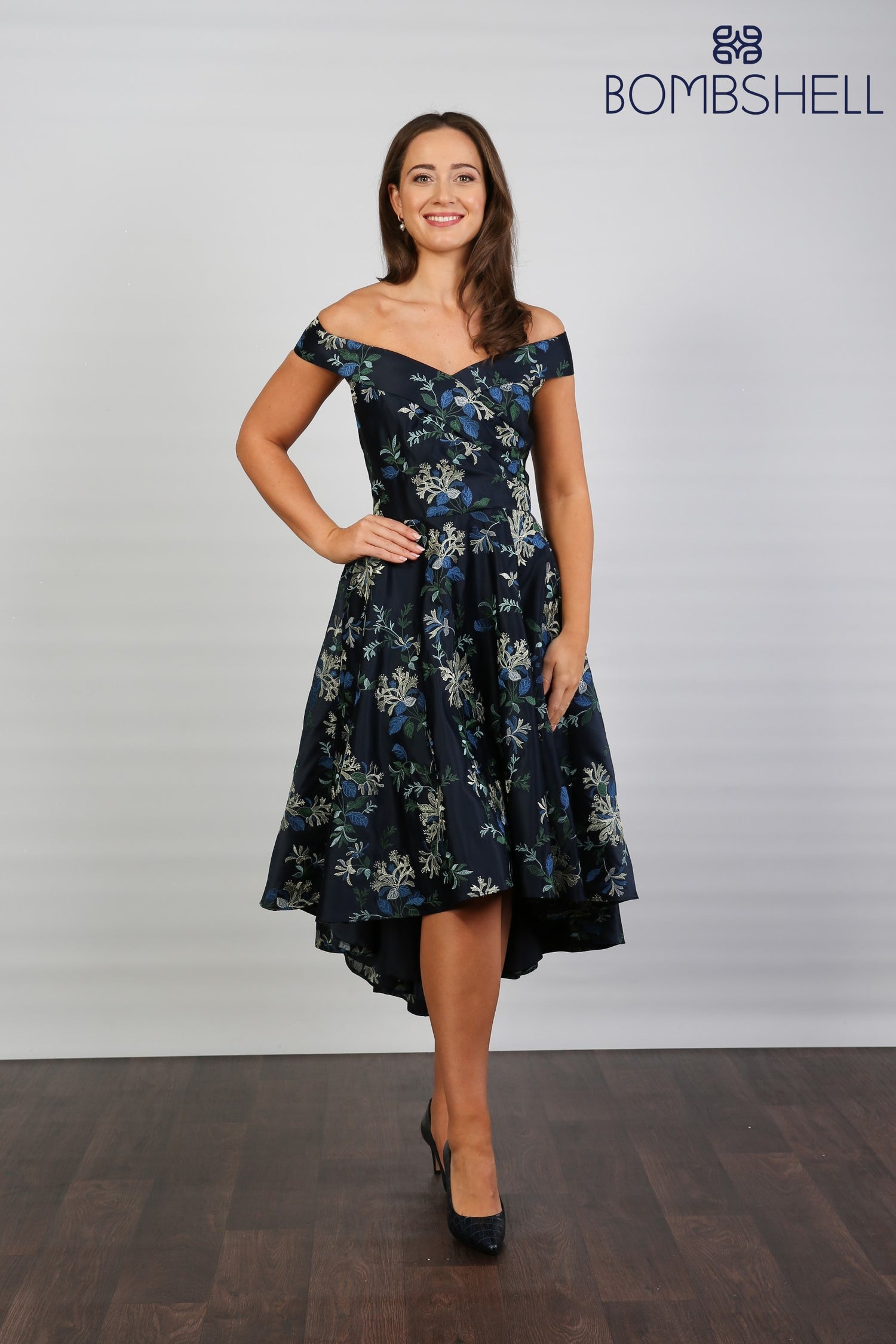 Bombshell Blair Bardot Embroidered High-Low Dress in Navy Honeysuckle