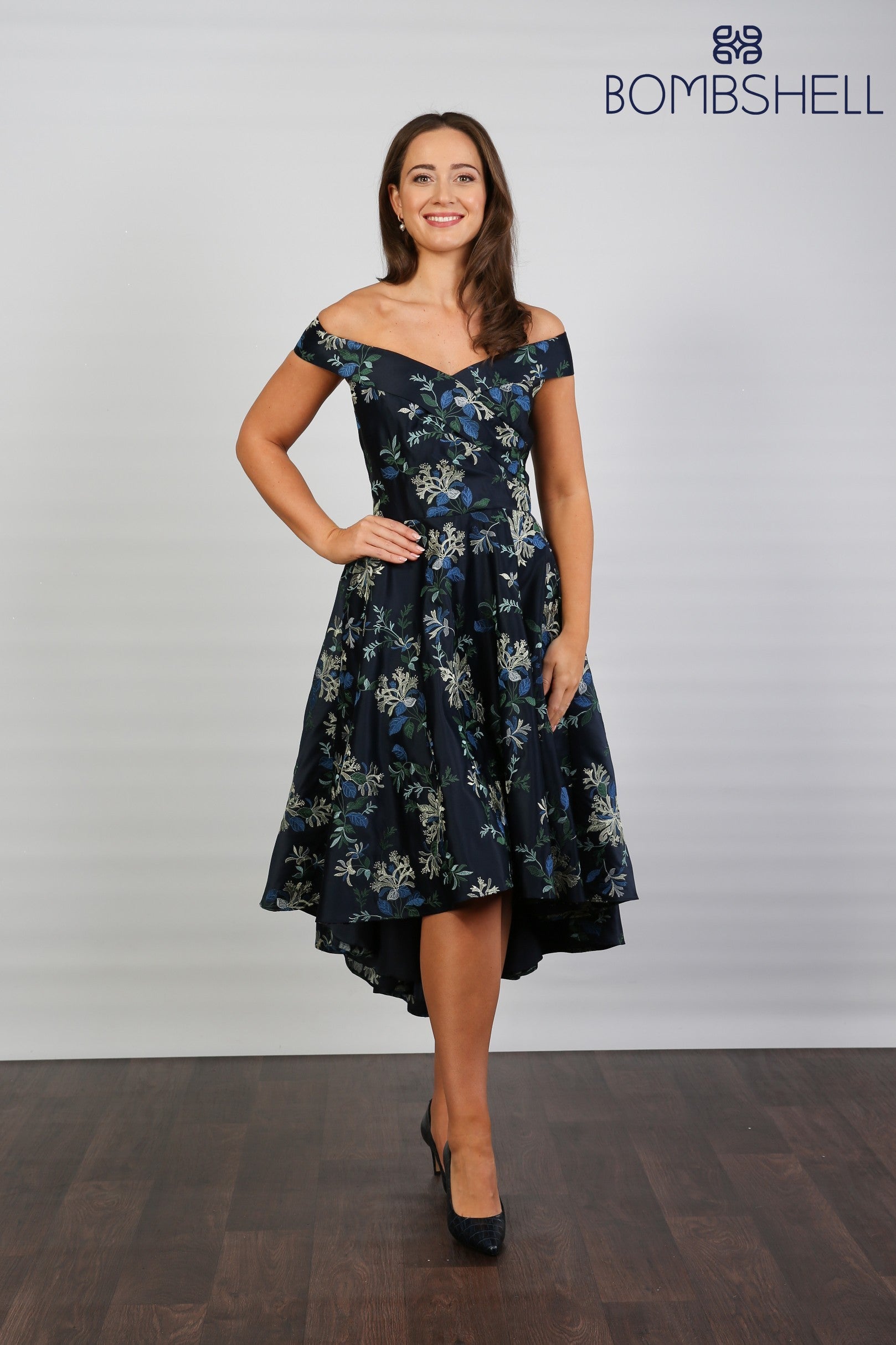 Bombshell Blair Bardot Embroidered High-Low Dress in Navy Honeysuckle