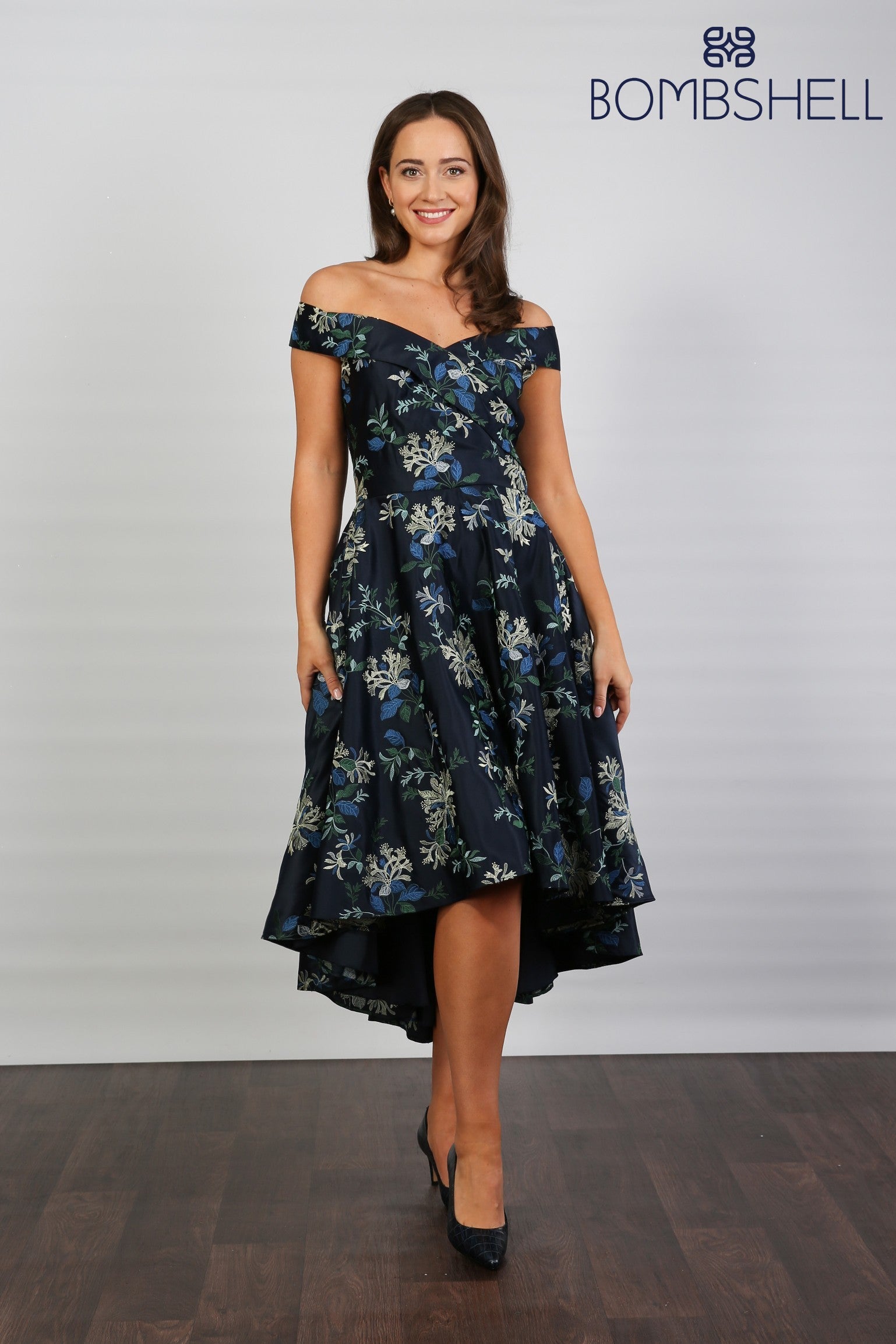Bombshell Blair Bardot Embroidered High-Low Dress in Navy Honeysuckle