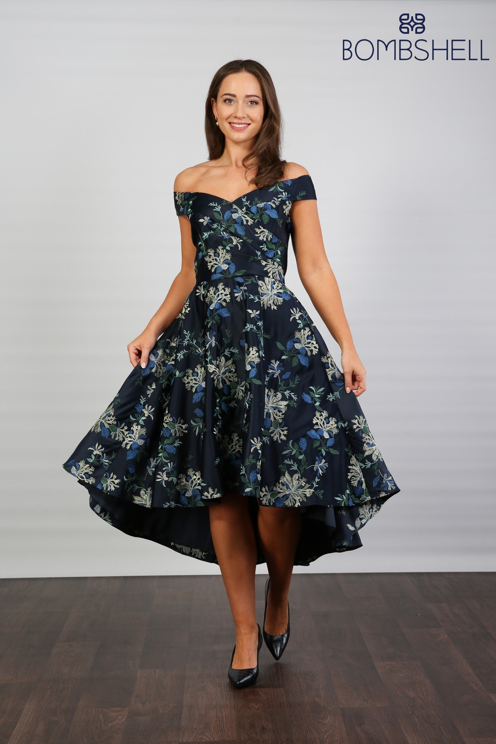 Bombshell Blair Bardot Embroidered High-Low Dress in Navy Honeysuckle