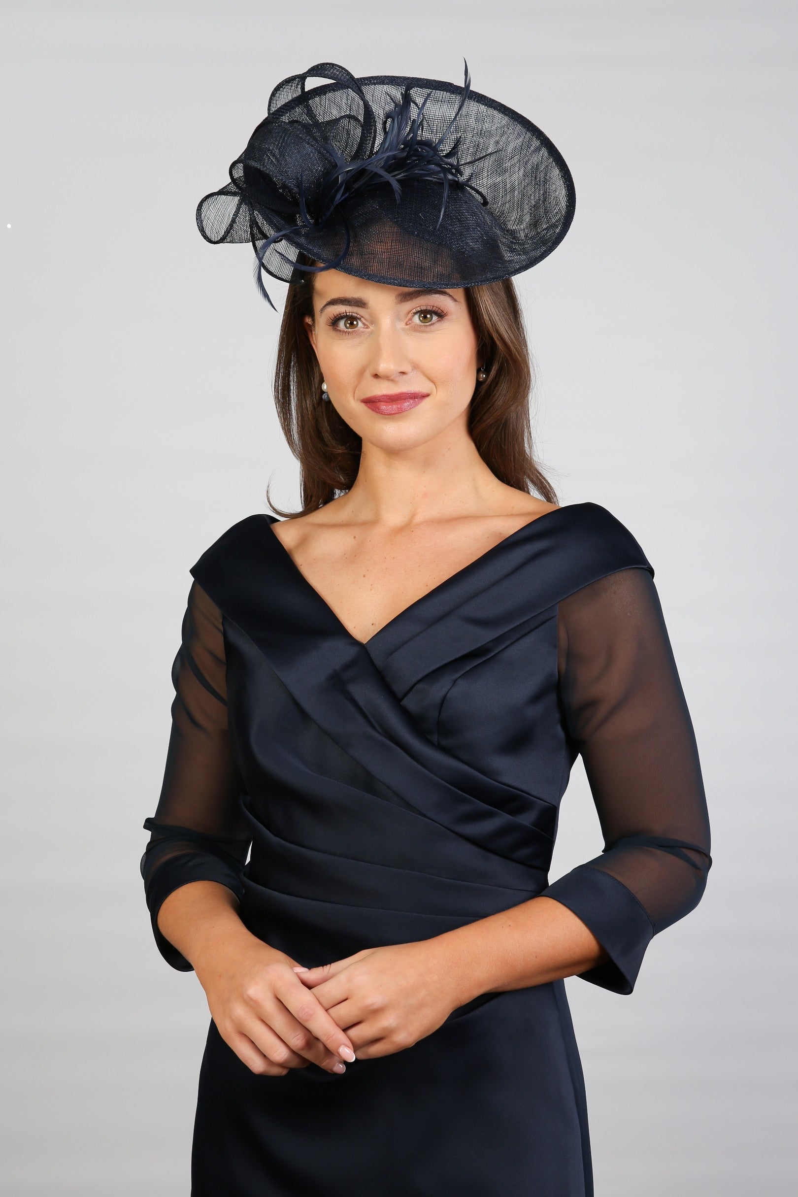 Crystal Pleated Satin Special Occasion Dress in Dark Navy