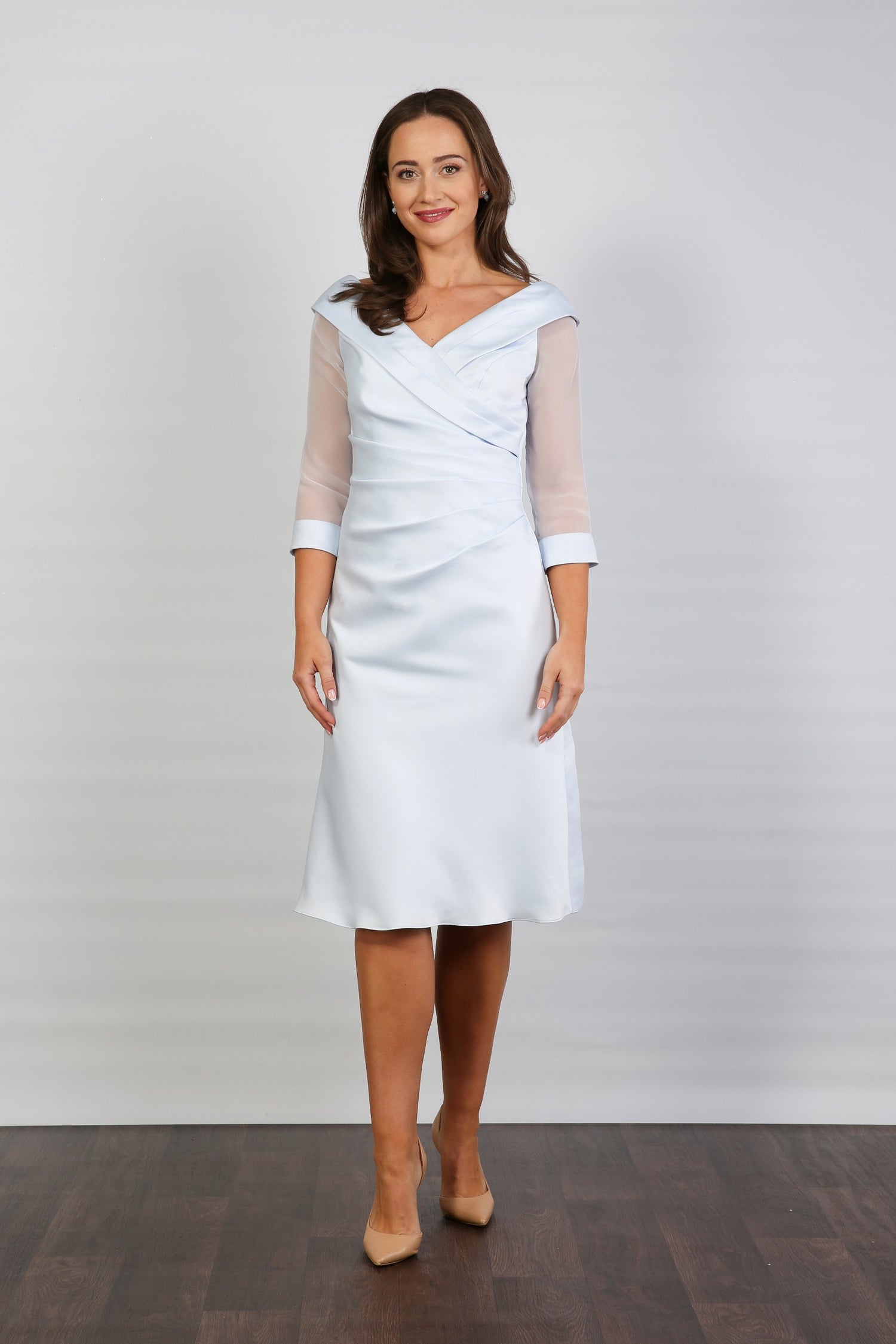 Crystal Pleated Satin Special Occasion Dress in Powder Blue
