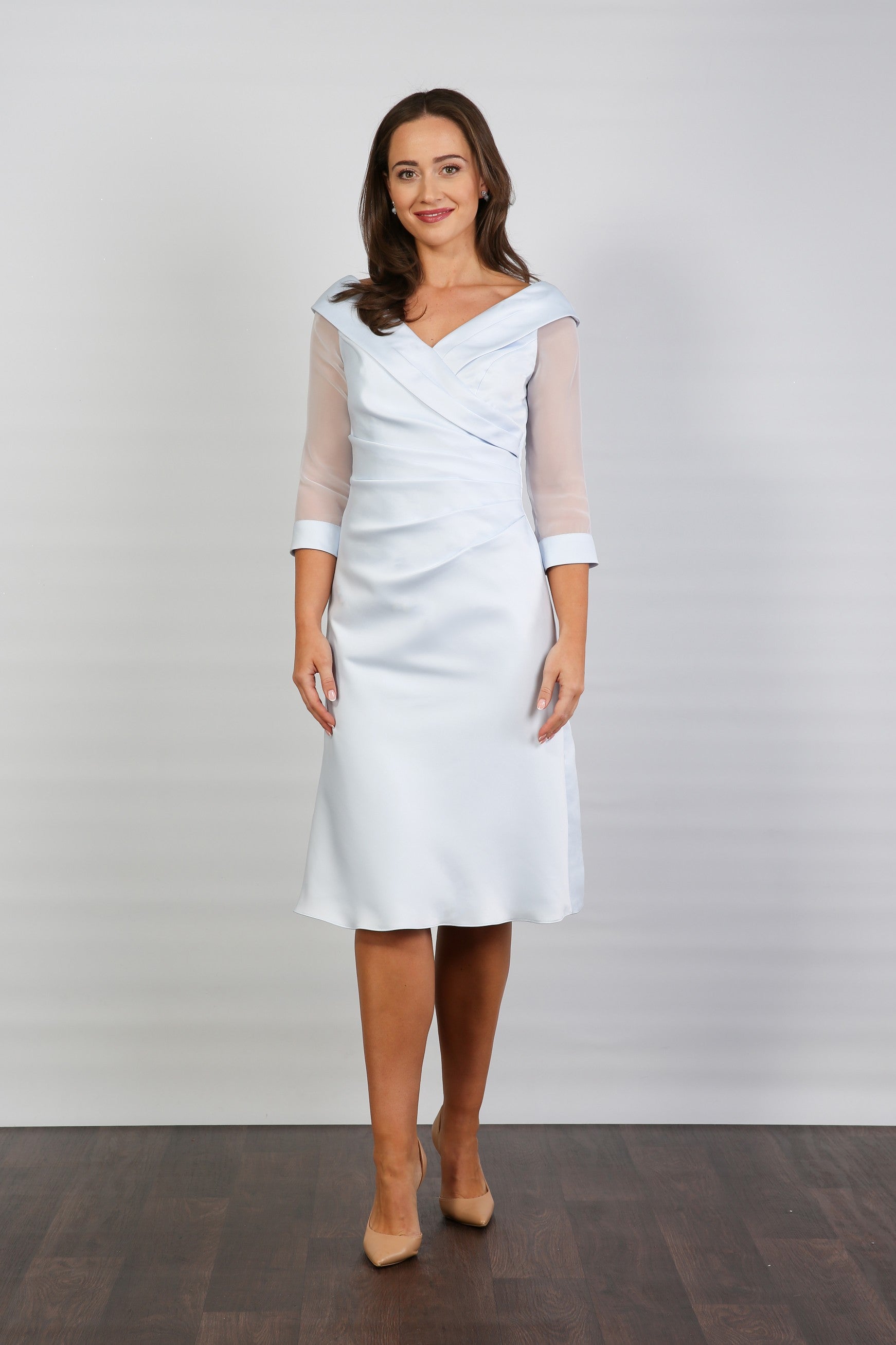 Crystal Pleated Satin Special Occasion Dress in Powder Blue