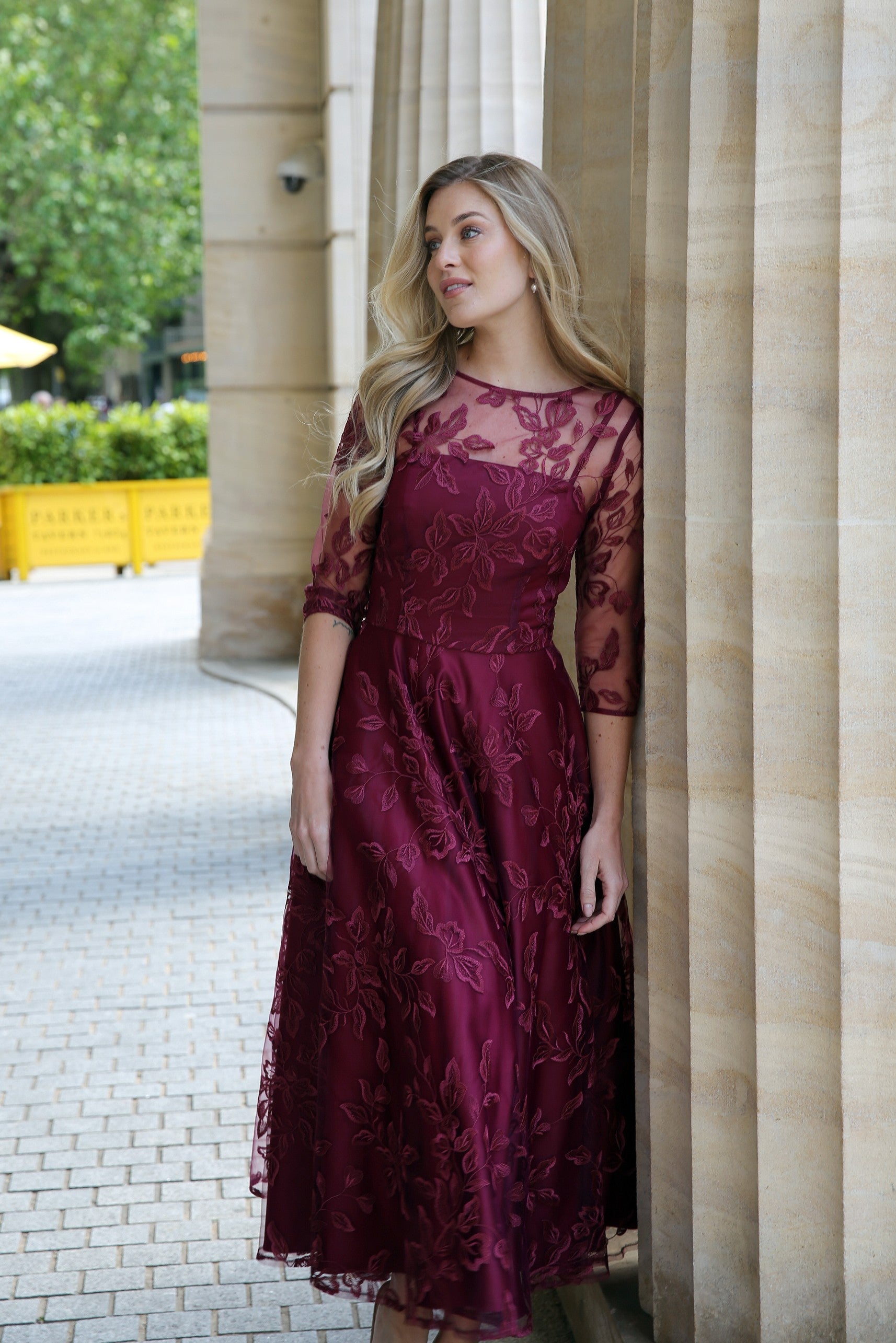 Marilyn Luxe Satin Embroidery Occasion Dress in Ruby